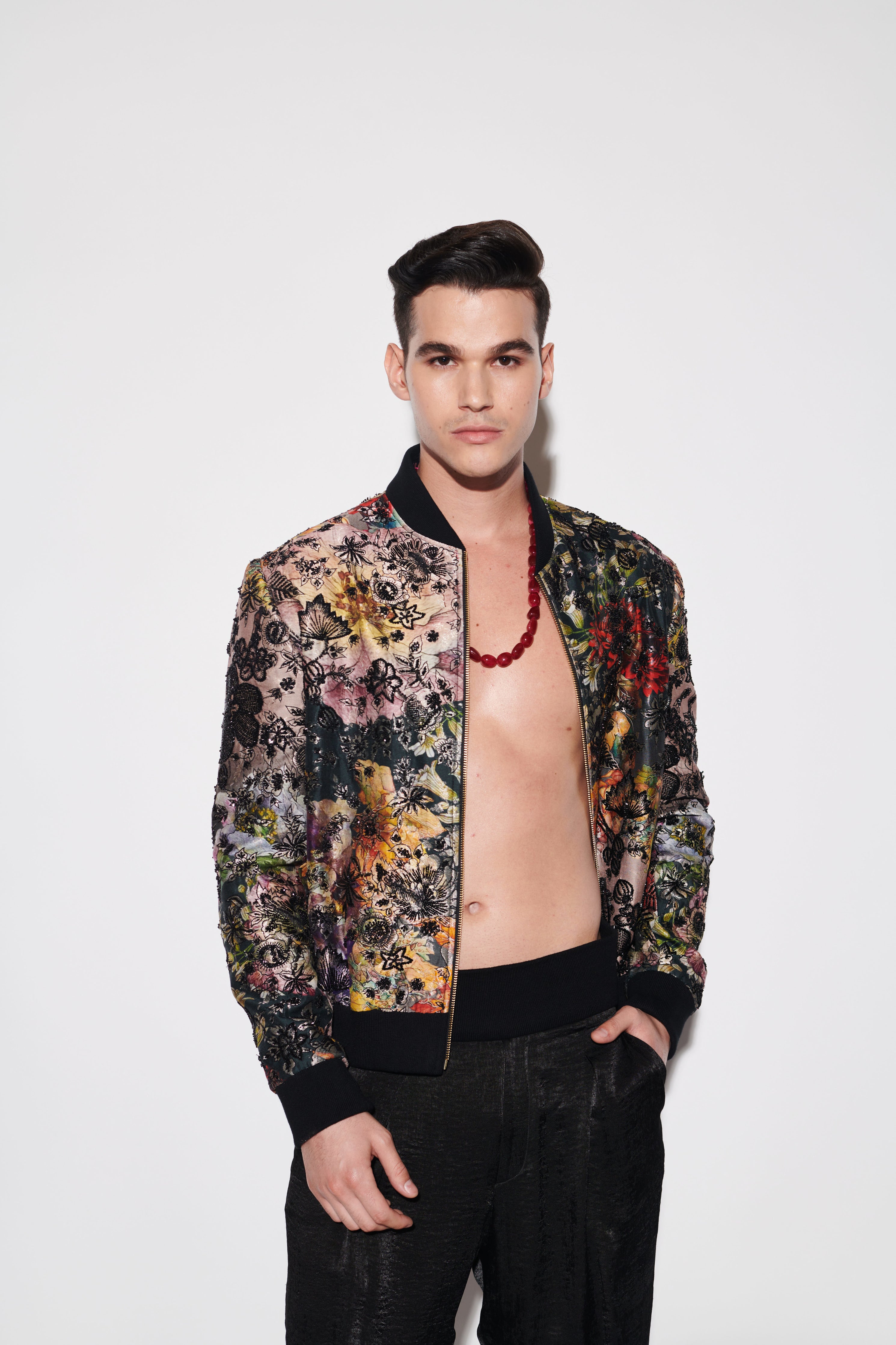 Black Printed Brocade Bomber Jacket Set