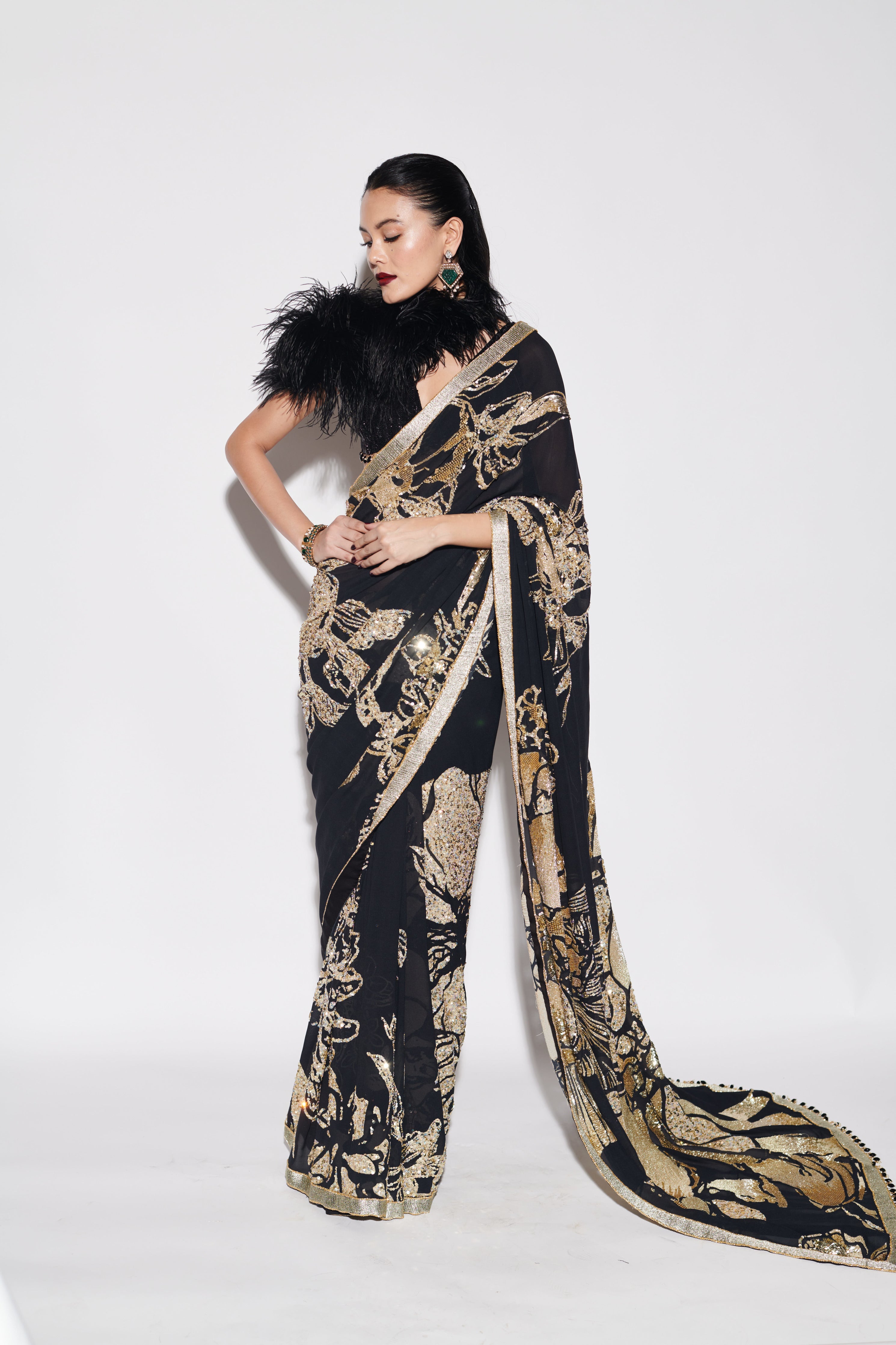 BLACK PRINTED SAREE WITH BEADED BLOUSE