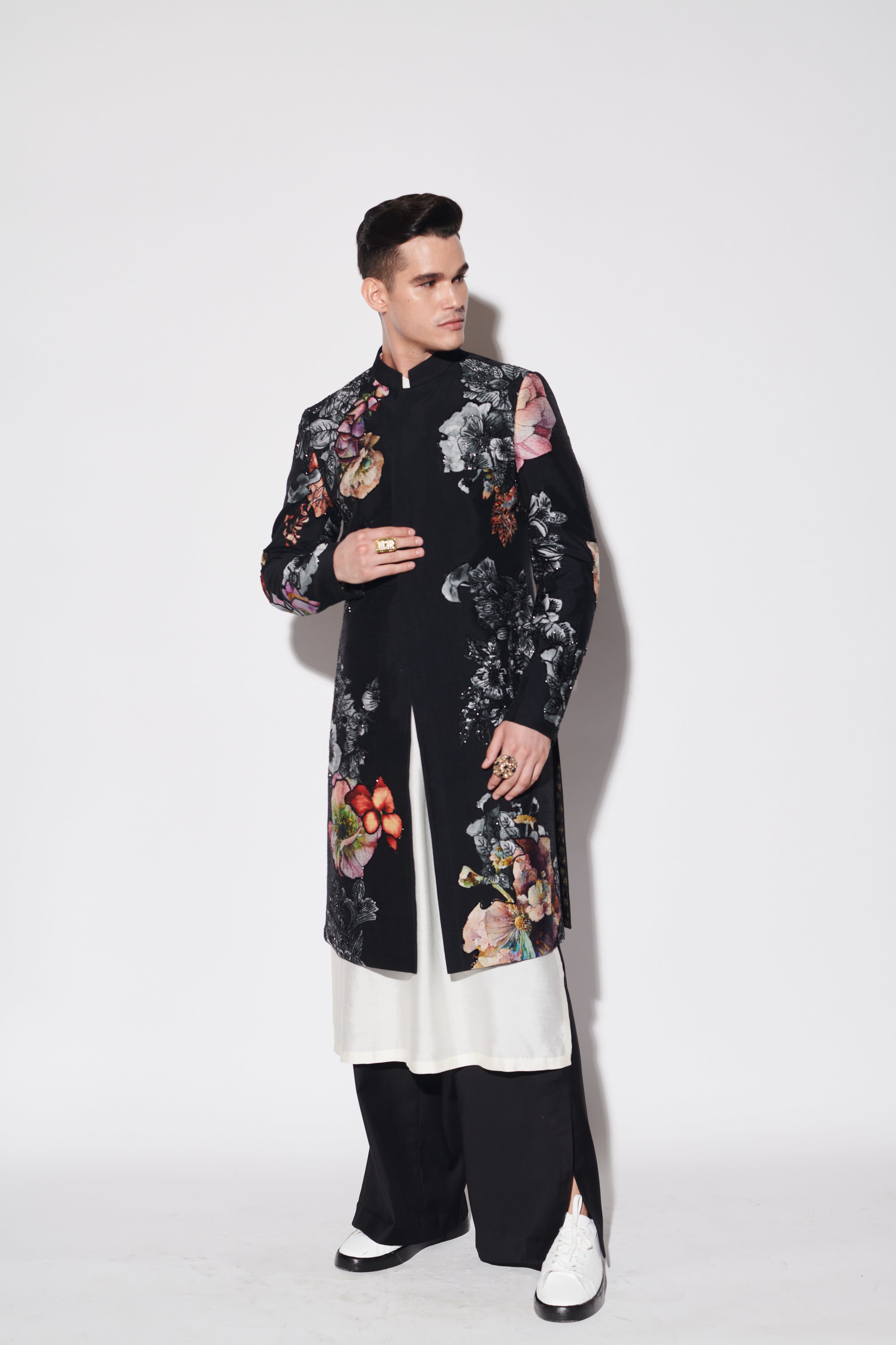 Black Printed Sherwani Set