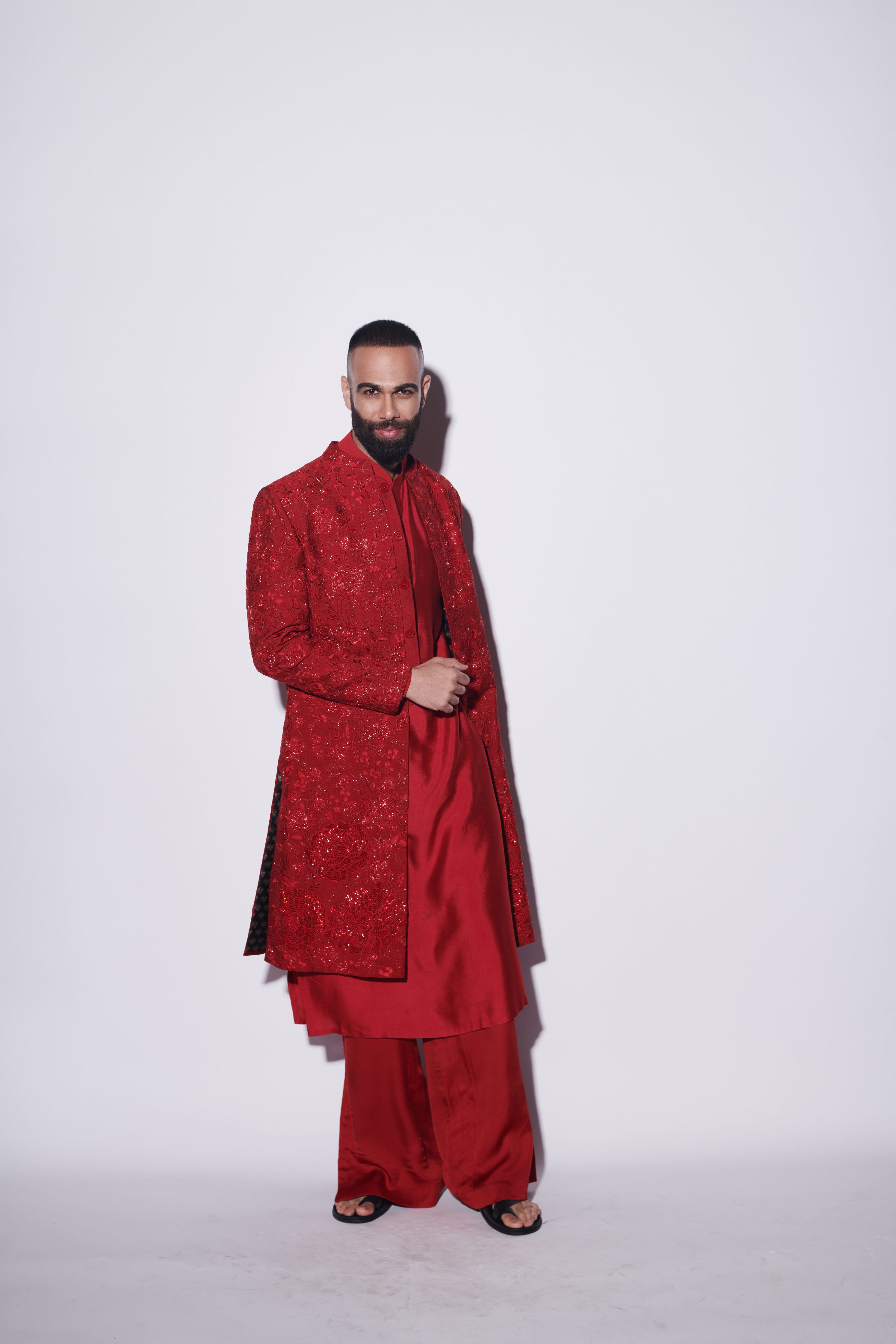 Red Embroidered Sherwani Set