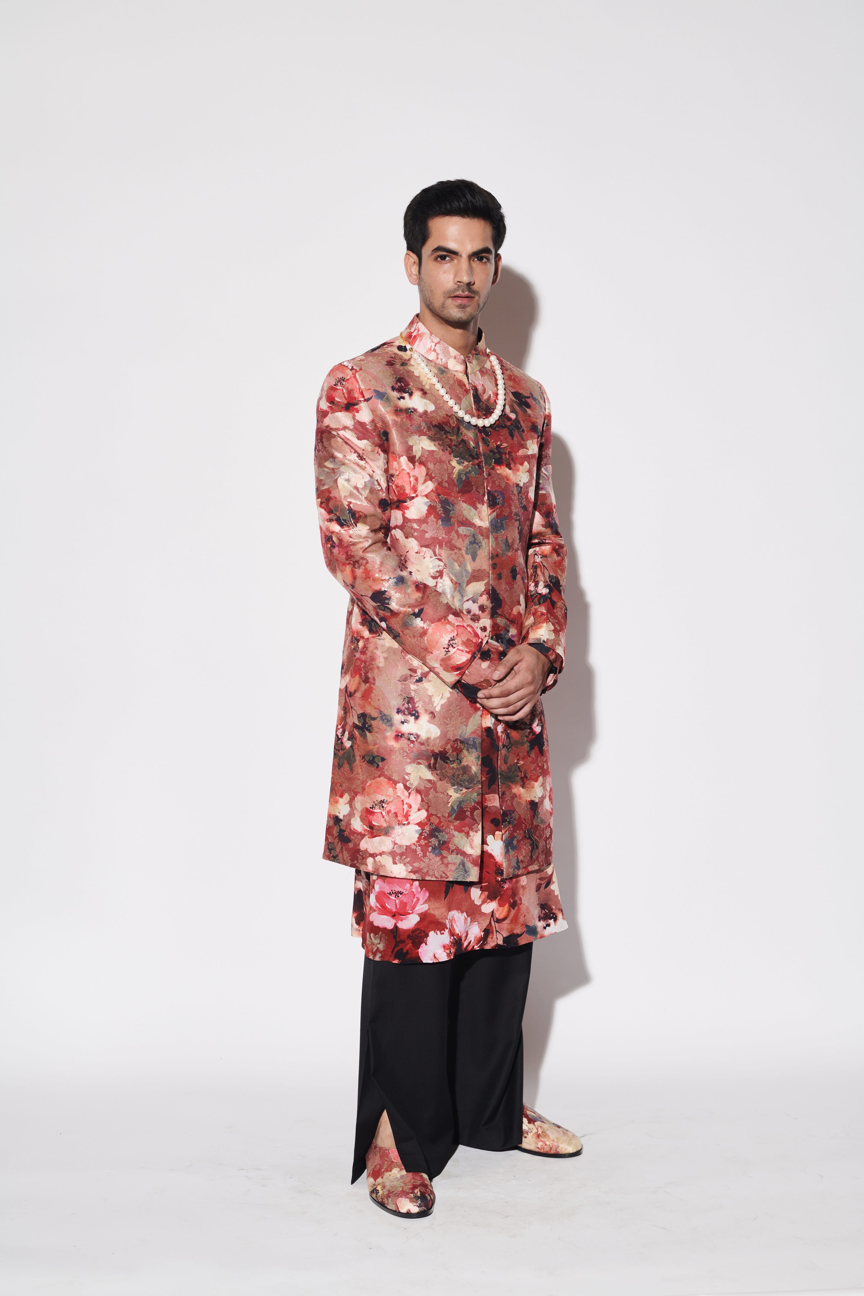 Red Printed Brocade Sherwani Set