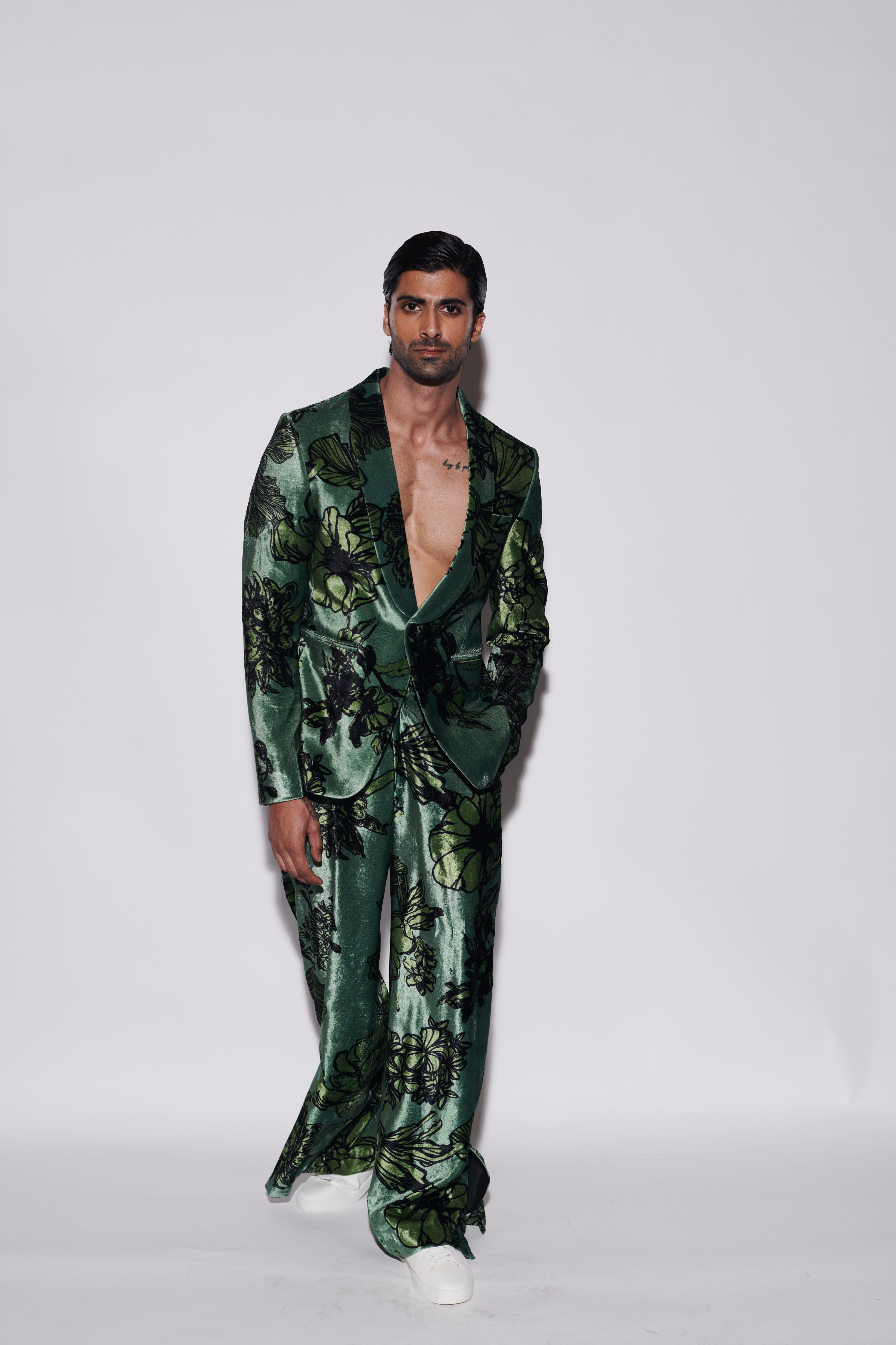 Sage Green Printed Velvet Suit