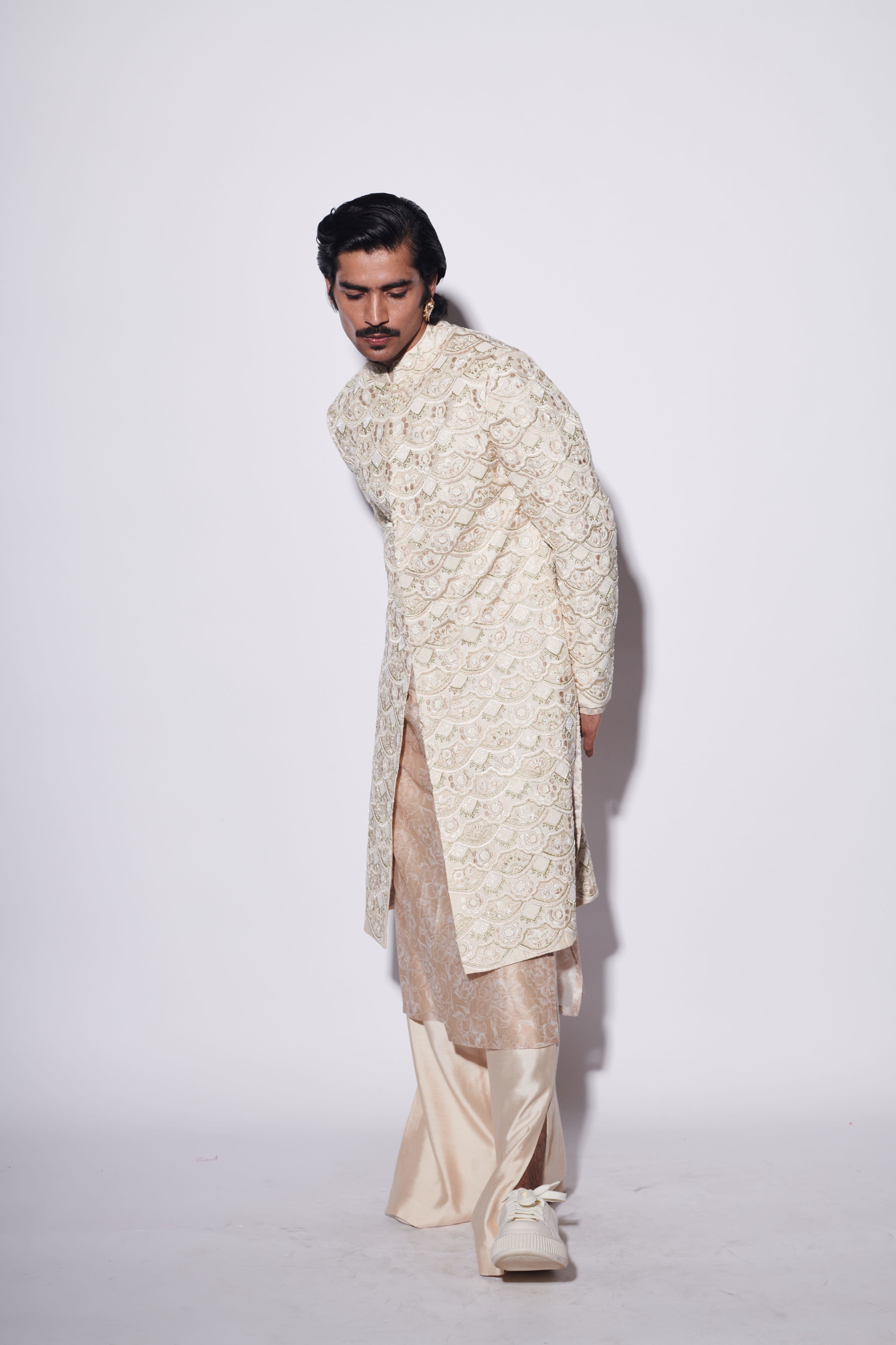 Beige Embroidered Sherwani Set