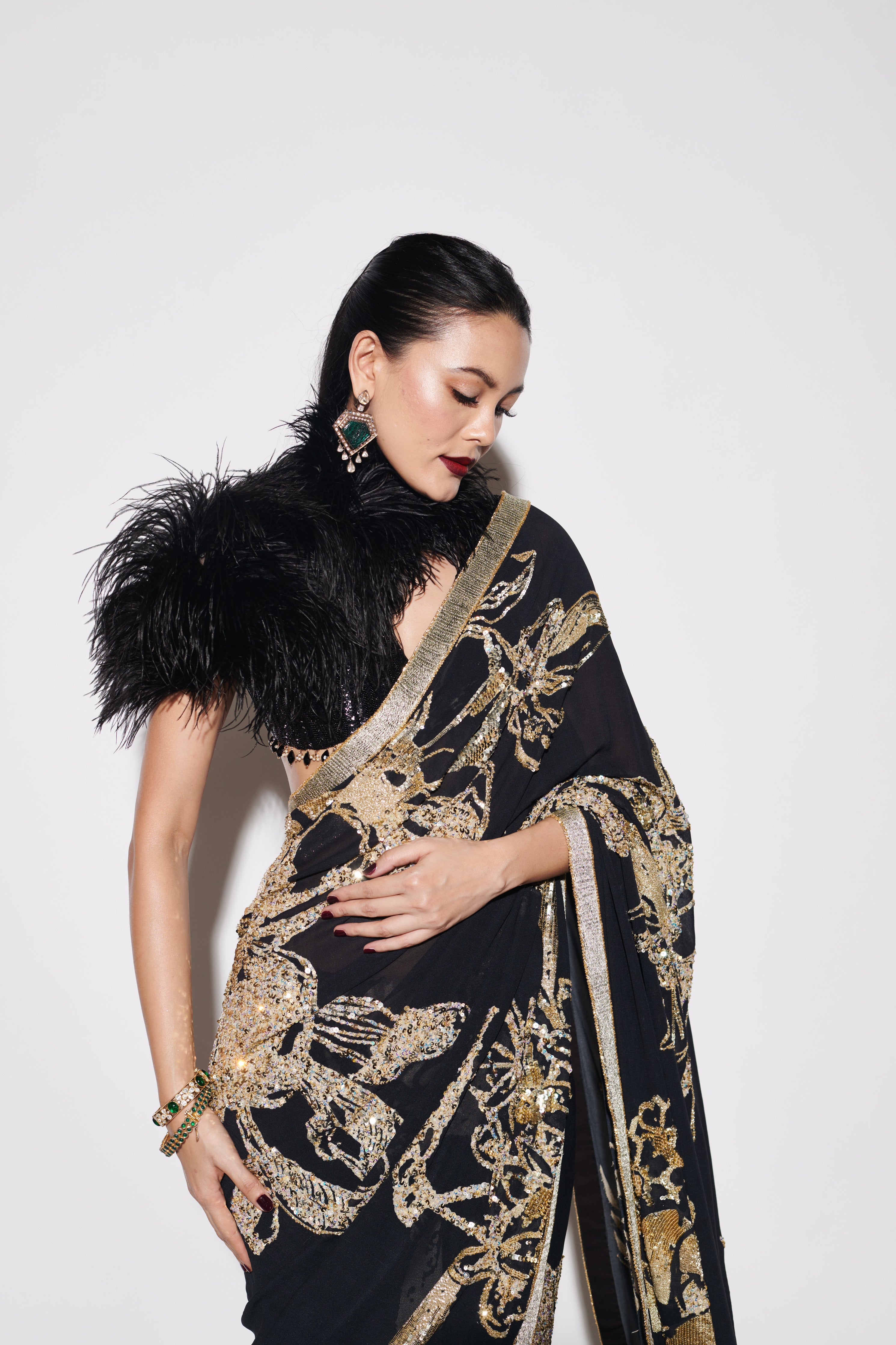BLACK PRINTED SAREE WITH BEADED BLOUSE