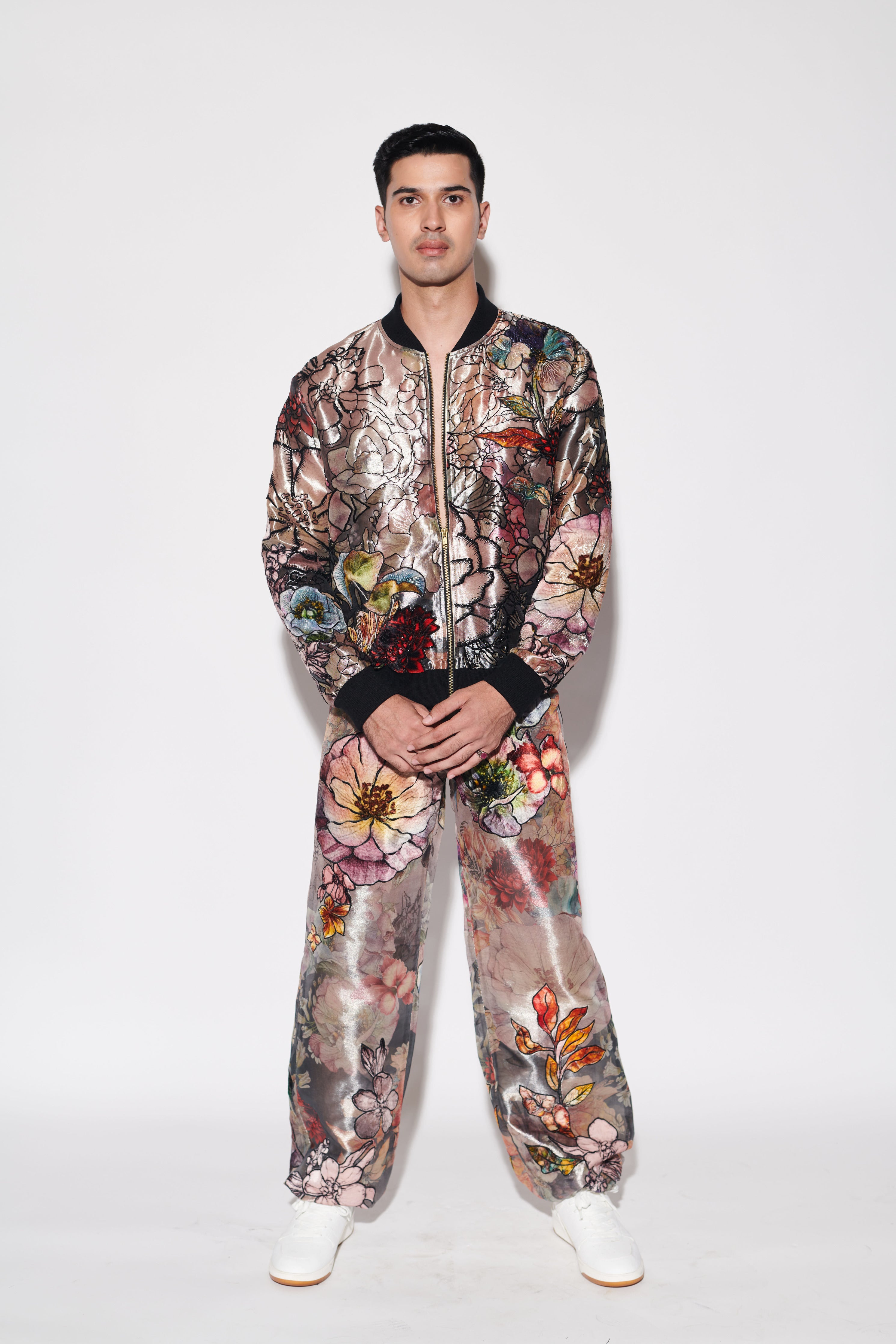 Black Printed Bomber Jacket Set