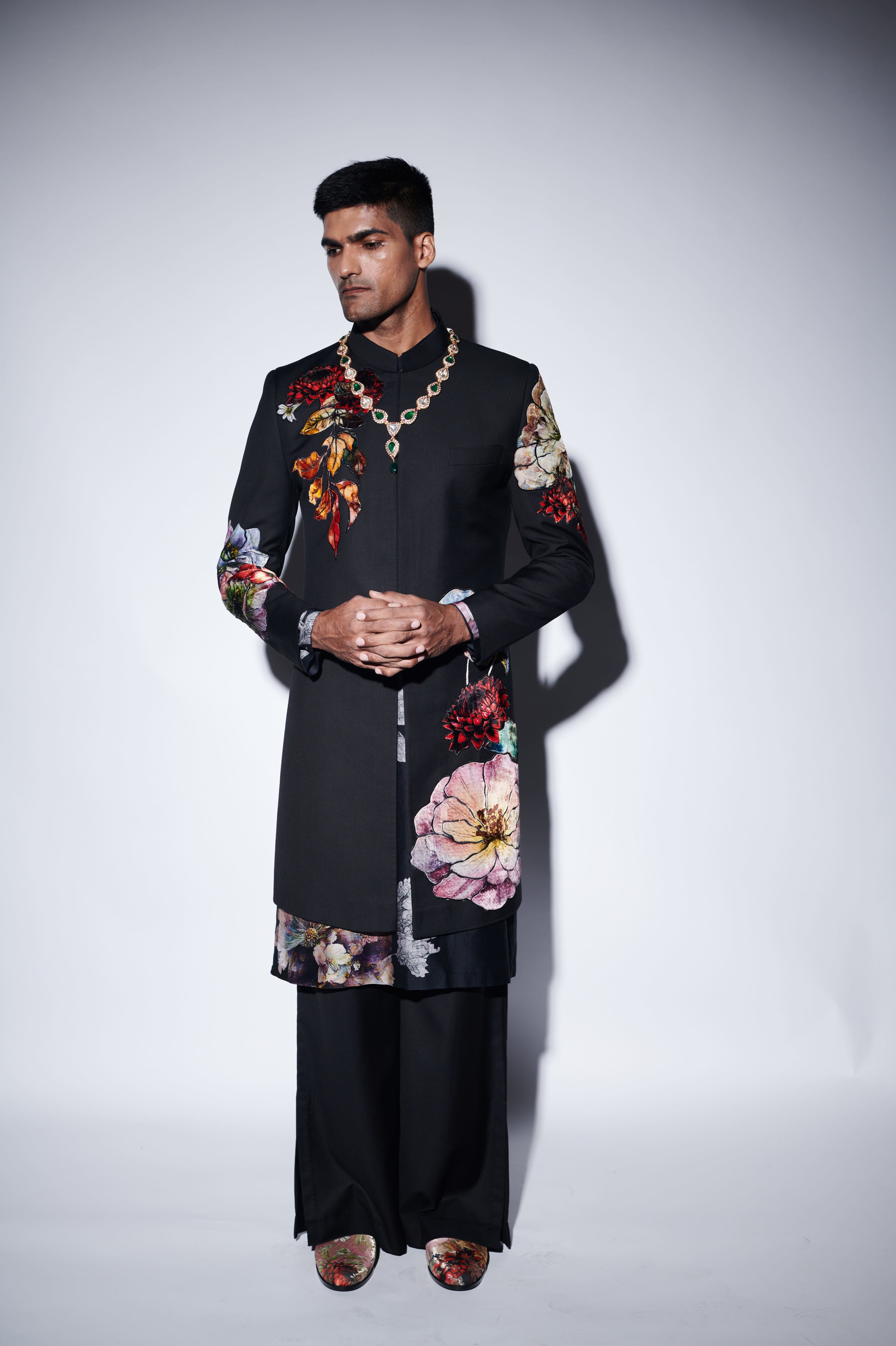 Black Applique Sherwani Set