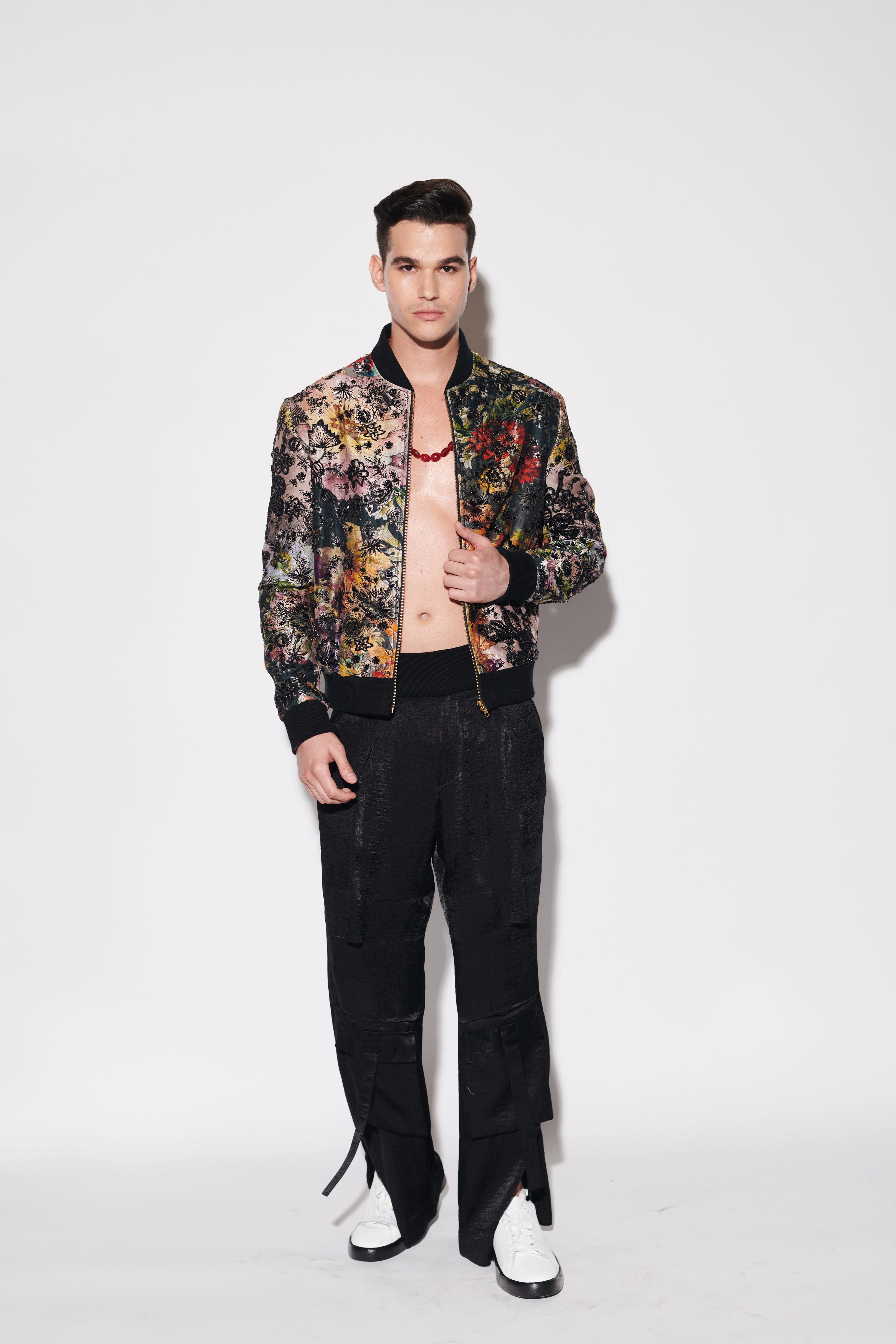 Black Printed Brocade Bomber Jacket Set