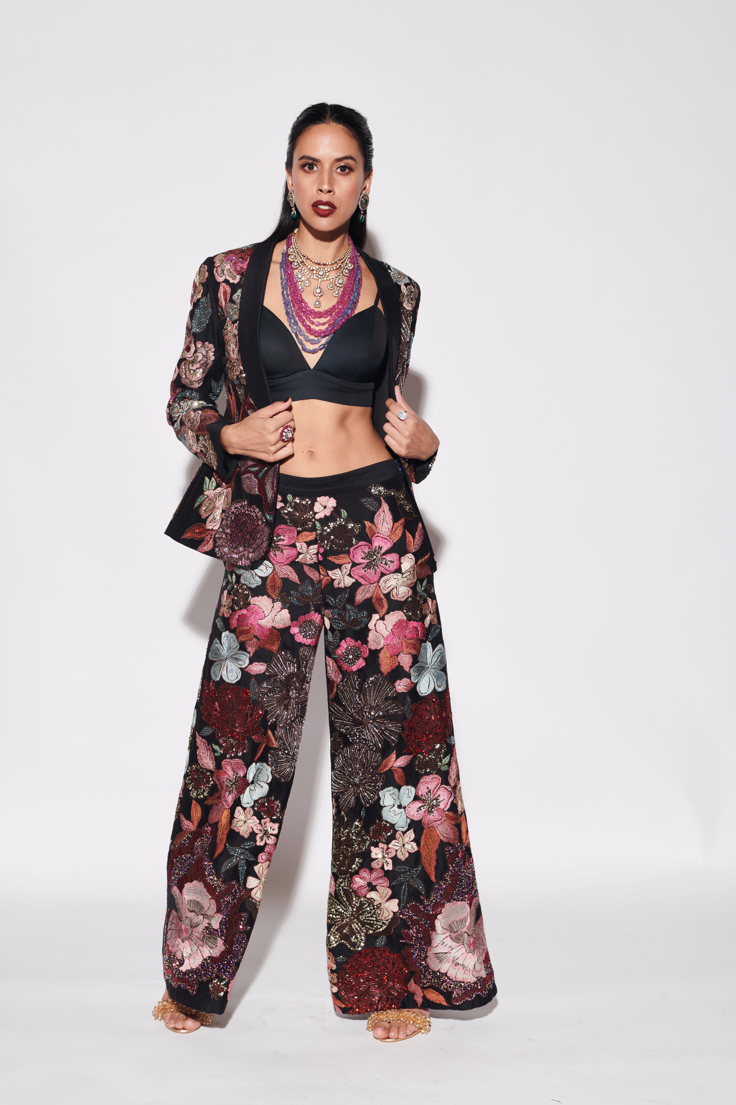 BLACK EMBROIDERED POWER SHOULDER JACKET SET