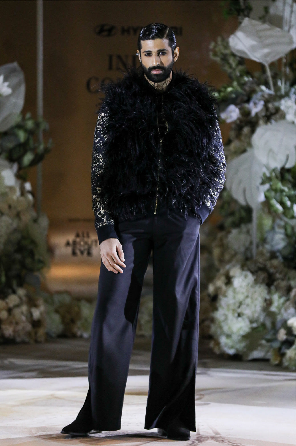 Black Embroidered Feather Bomber Jacket Set