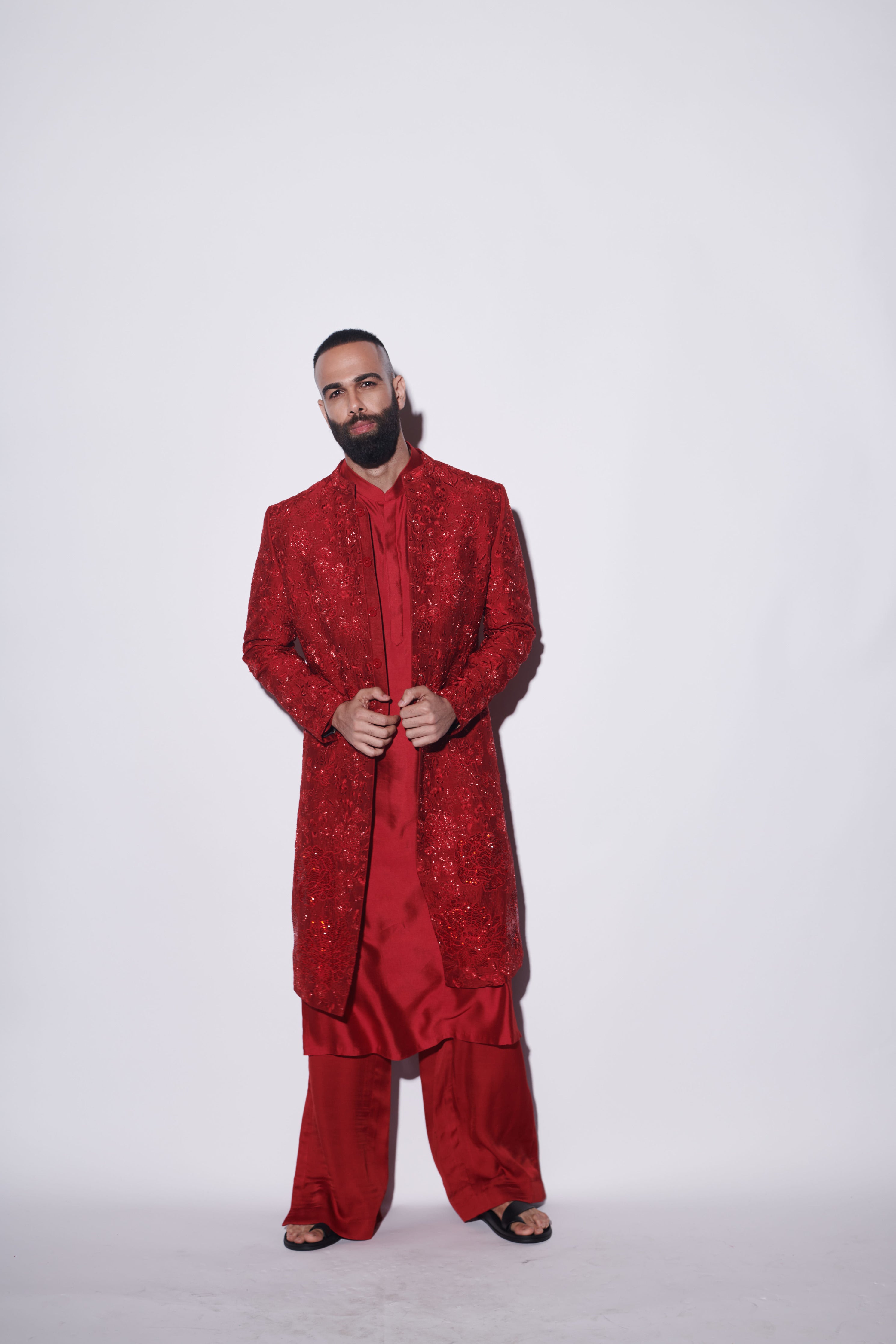 Red Embroidered Sherwani Set