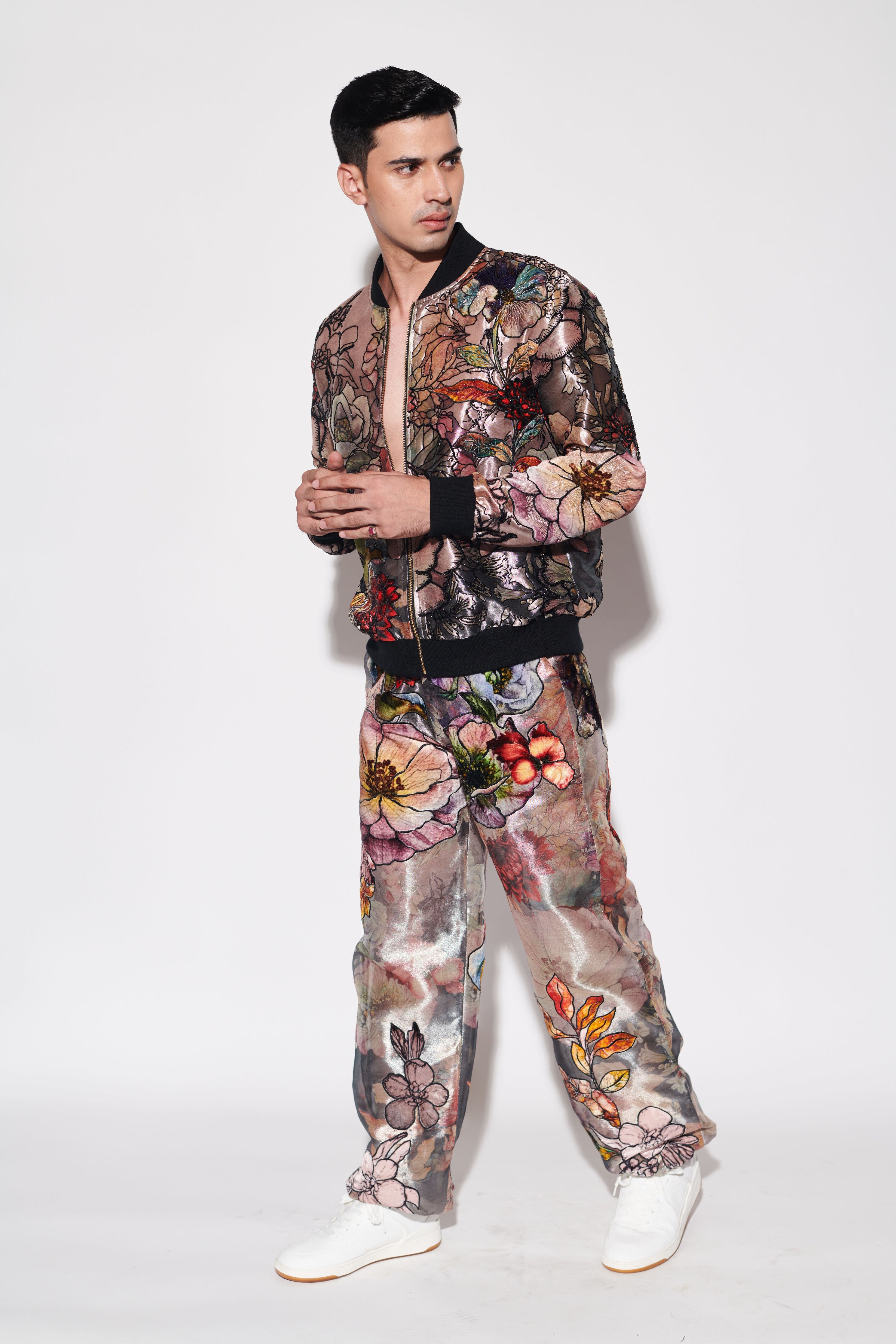 Black Printed Bomber Jacket Set