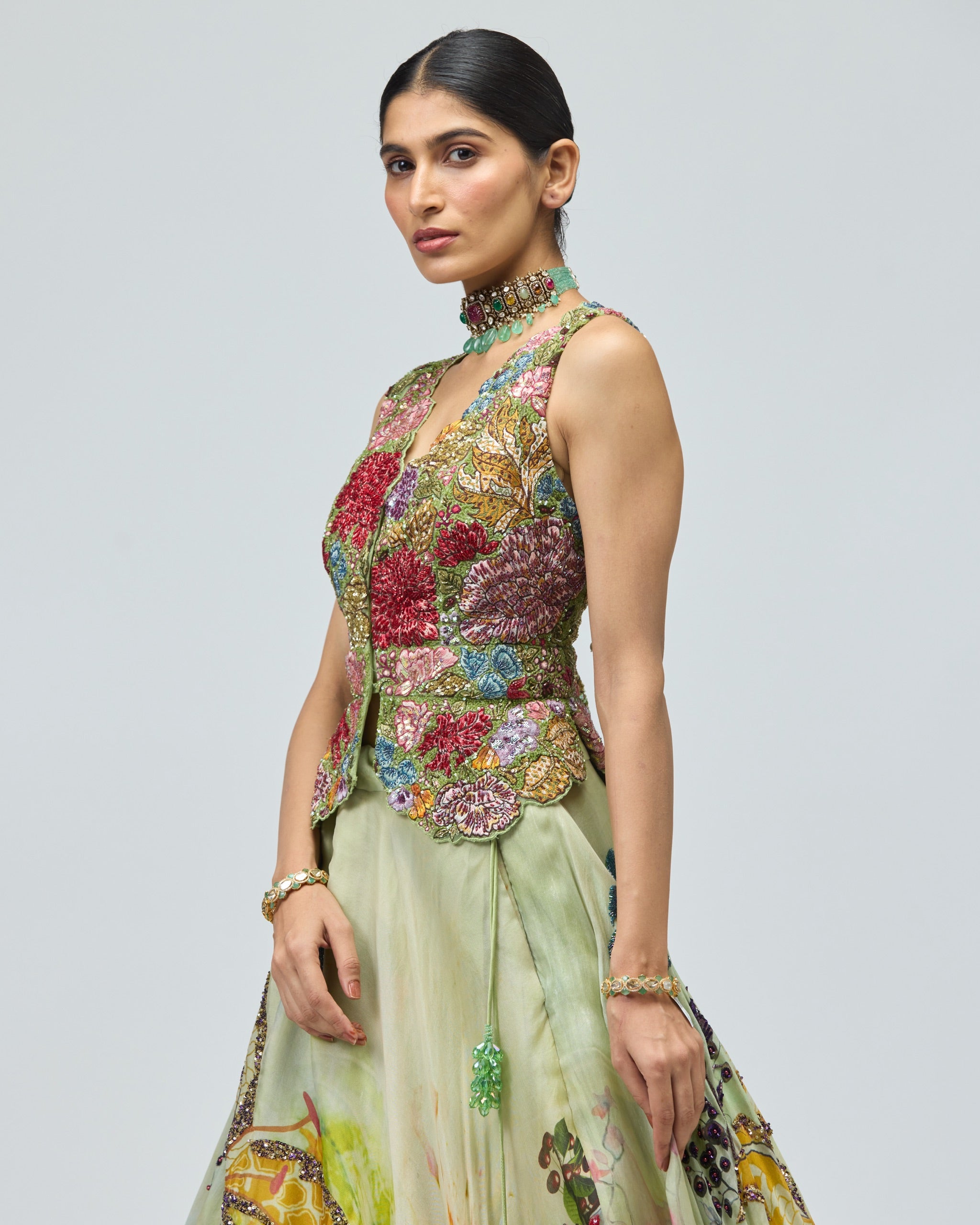 GREEN SILK ORGANZA LEHENGA SET