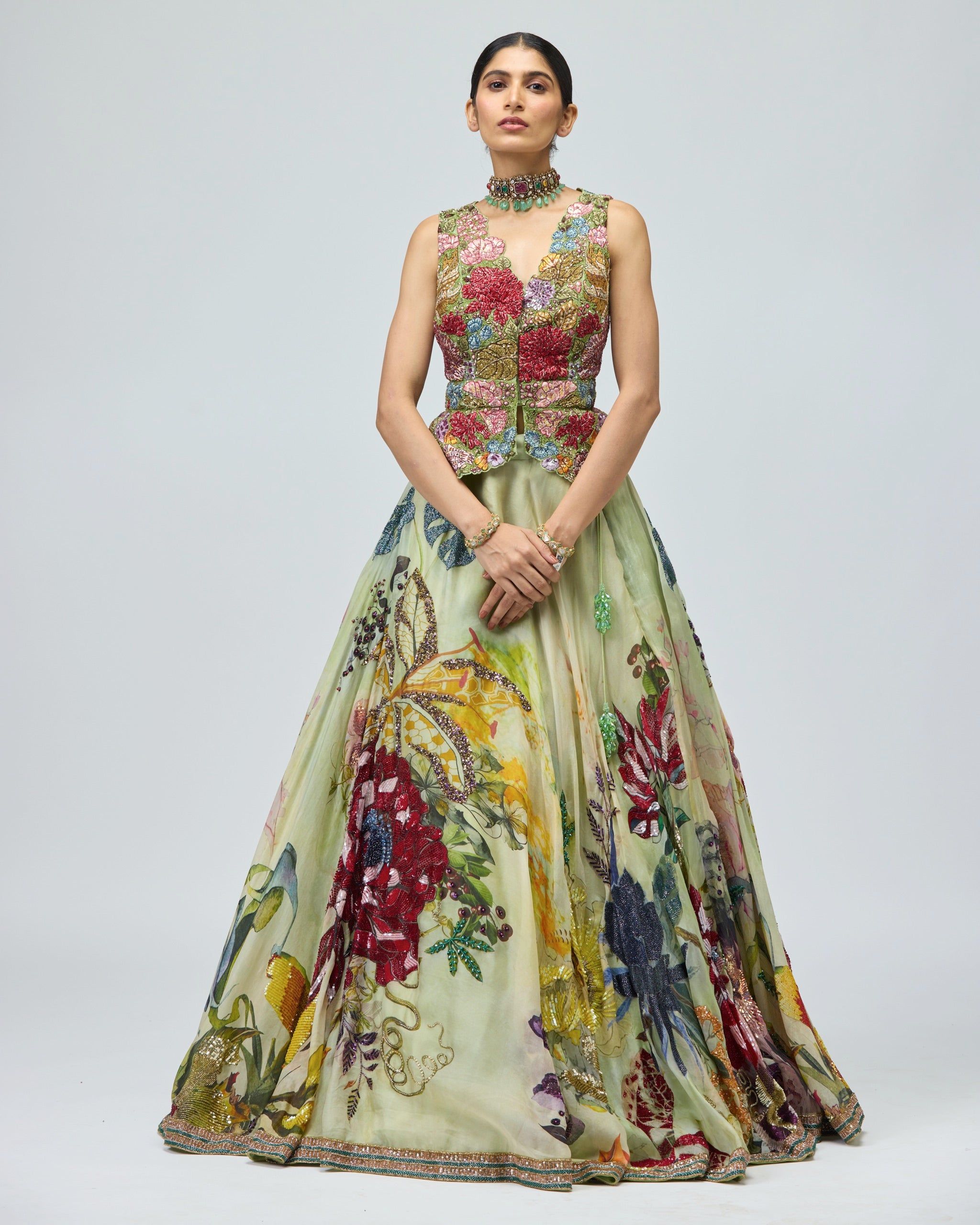 GREEN SILK ORGANZA LEHENGA SET