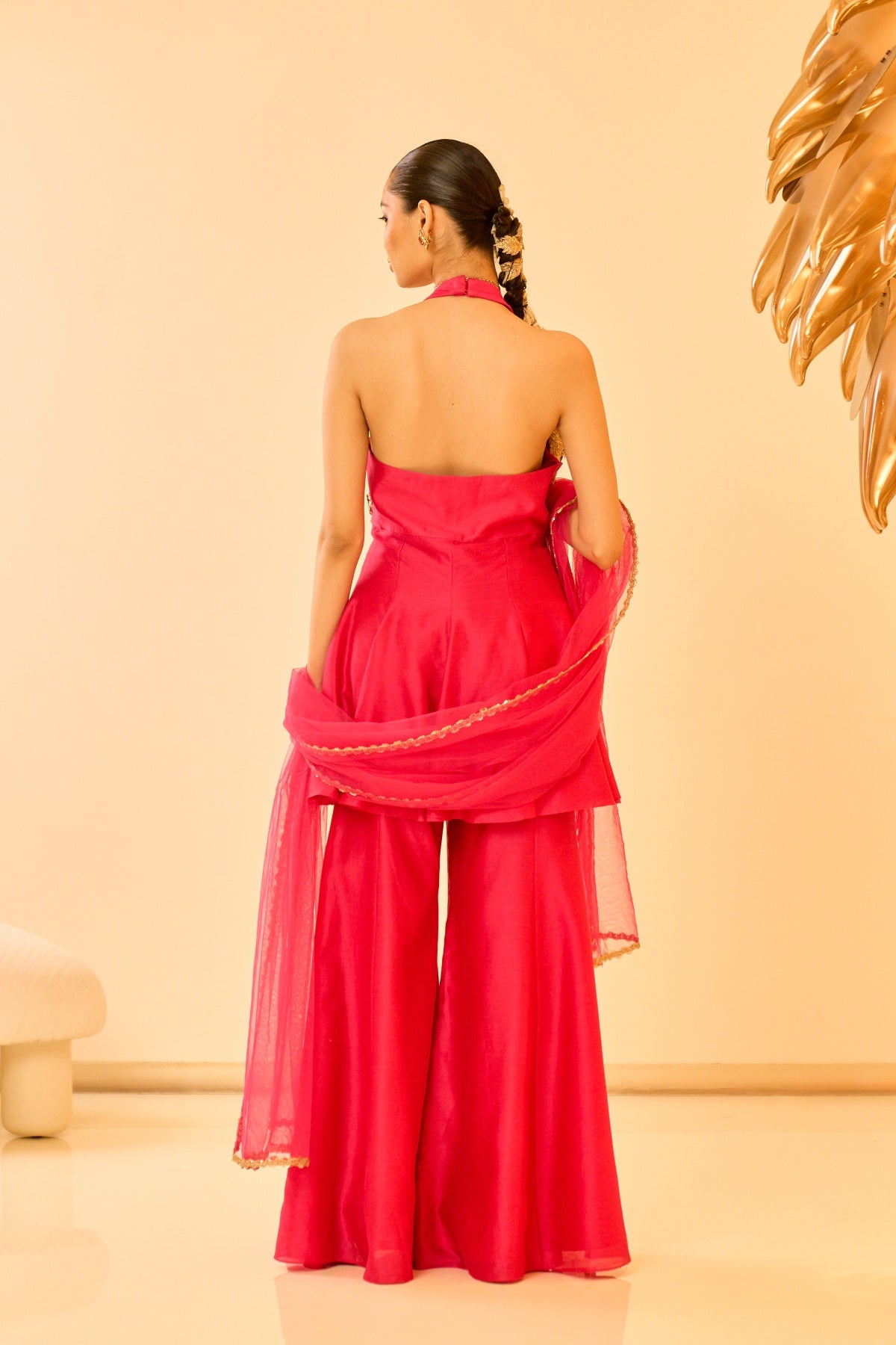 HOTPINK FLORAL HALTER PEPLUM SET