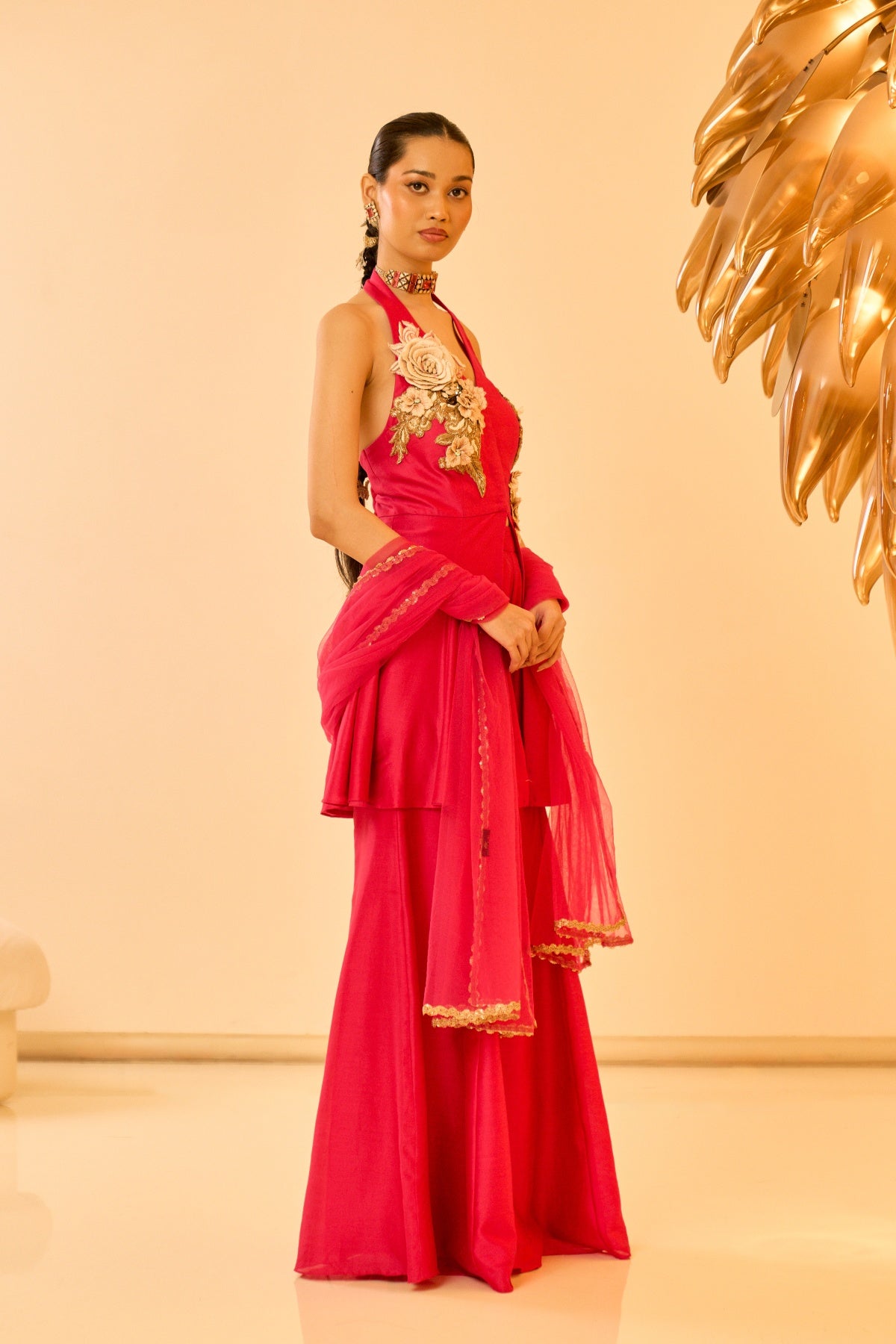 HOTPINK FLORAL HALTER PEPLUM SET