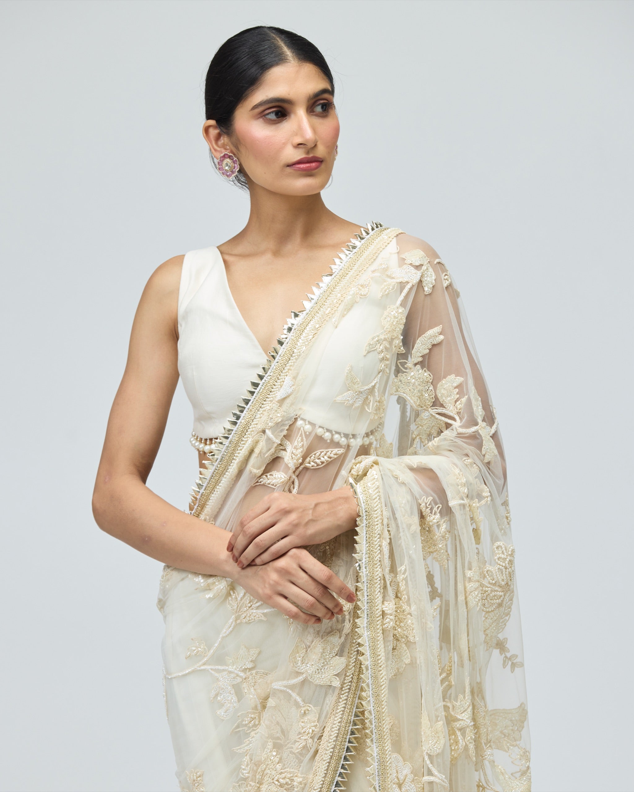 IVORY MONO NET SAREE SET
