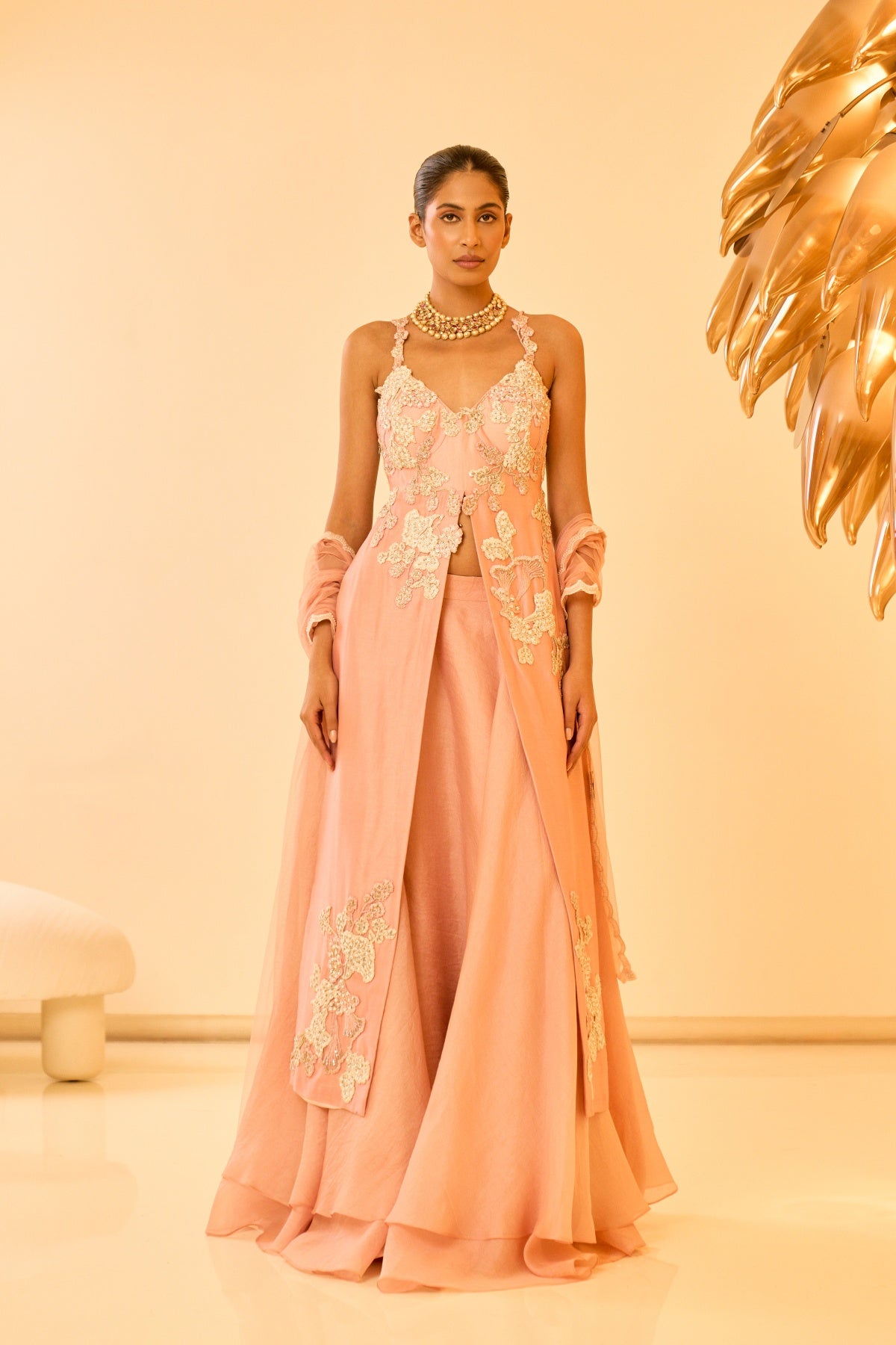 PEACH EMBROIDERED ANARKALI SET