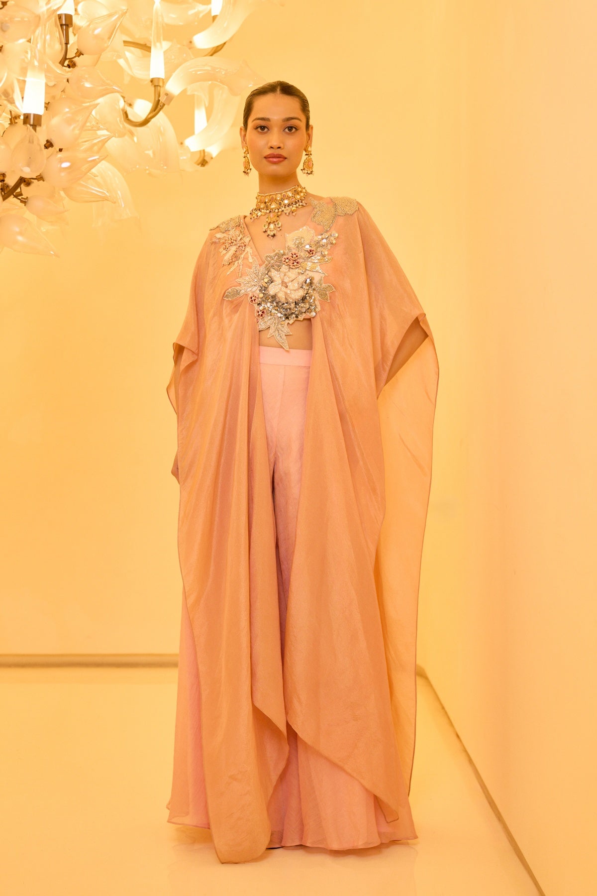PEACH EMBROIDERED KAFTAN SET