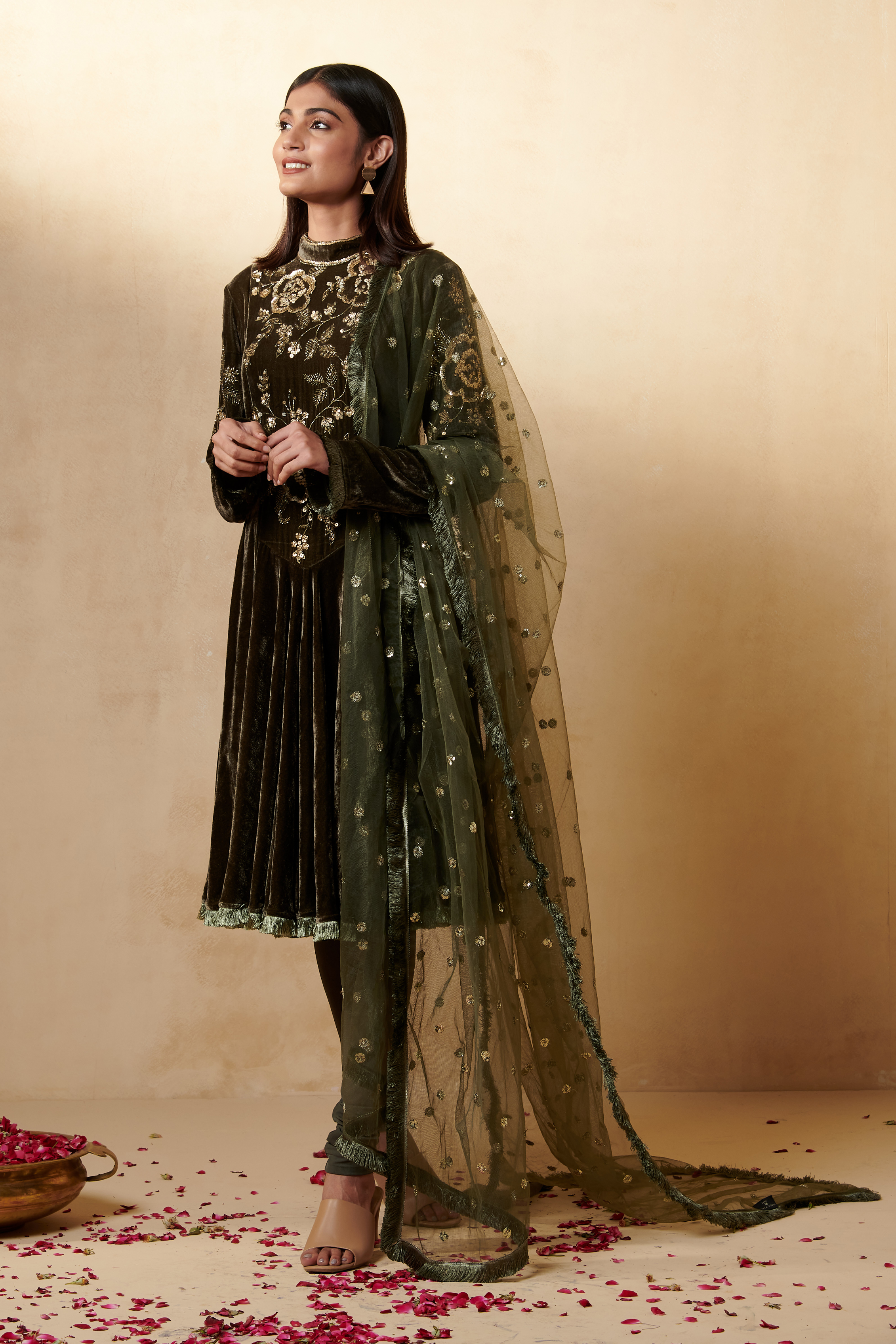 Olive Green Velvet Anarkali Set