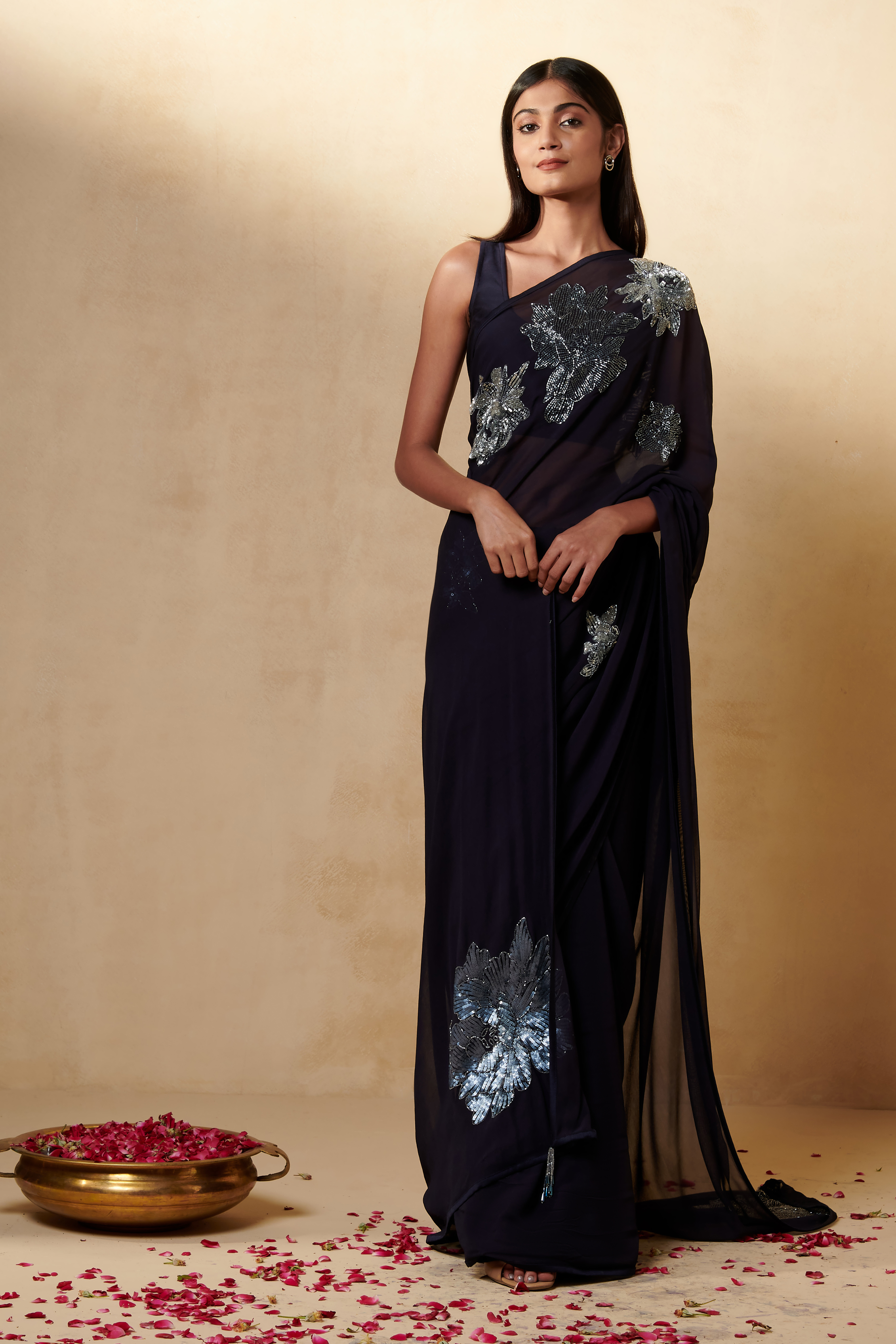 Navy Blue Georgette Saree Set