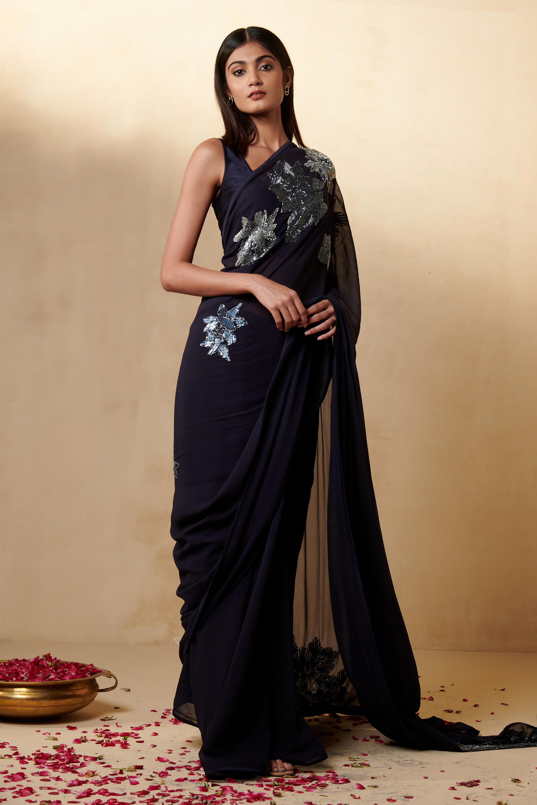 Navy Blue Georgette Saree Set