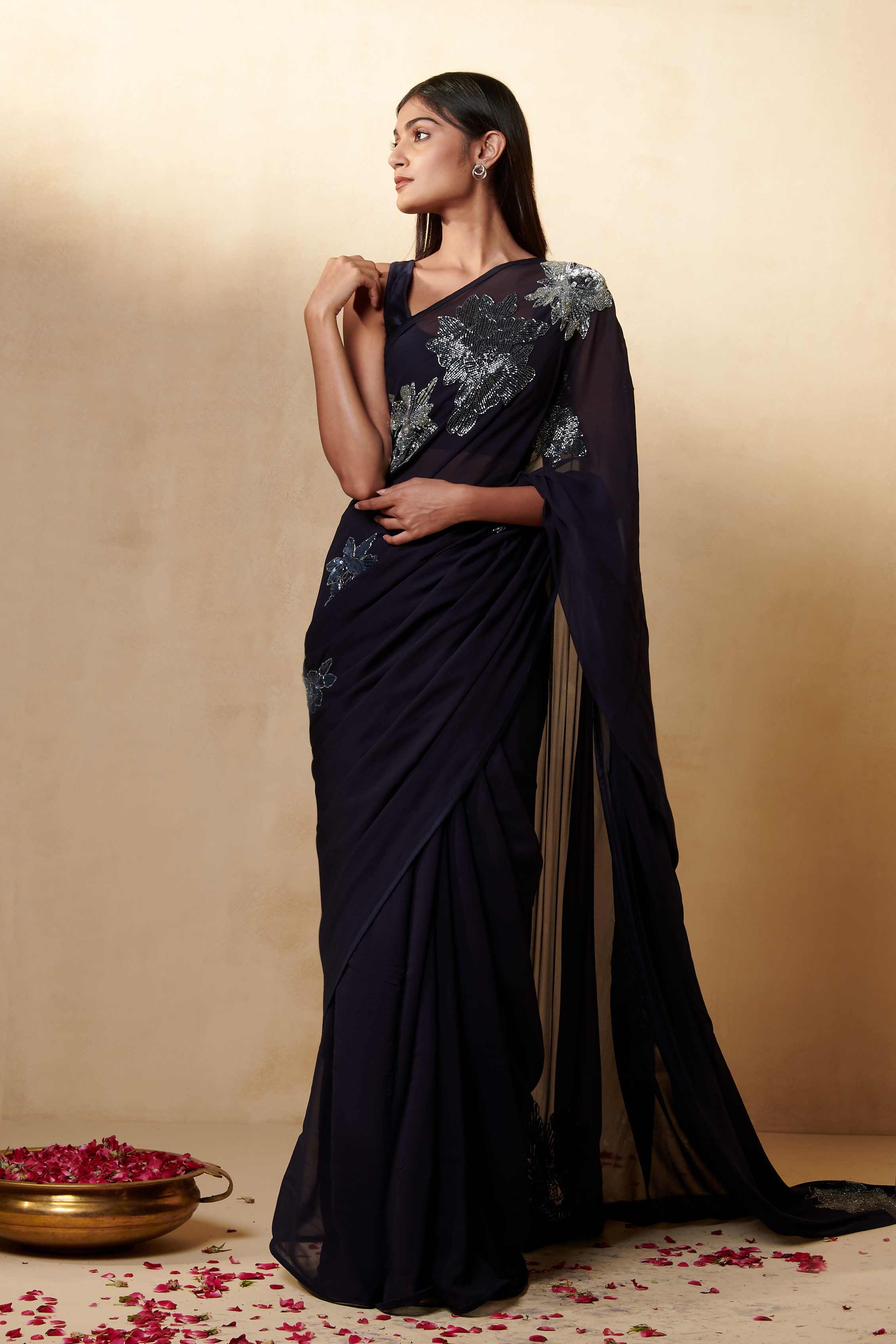 Navy Blue Georgette Saree Set