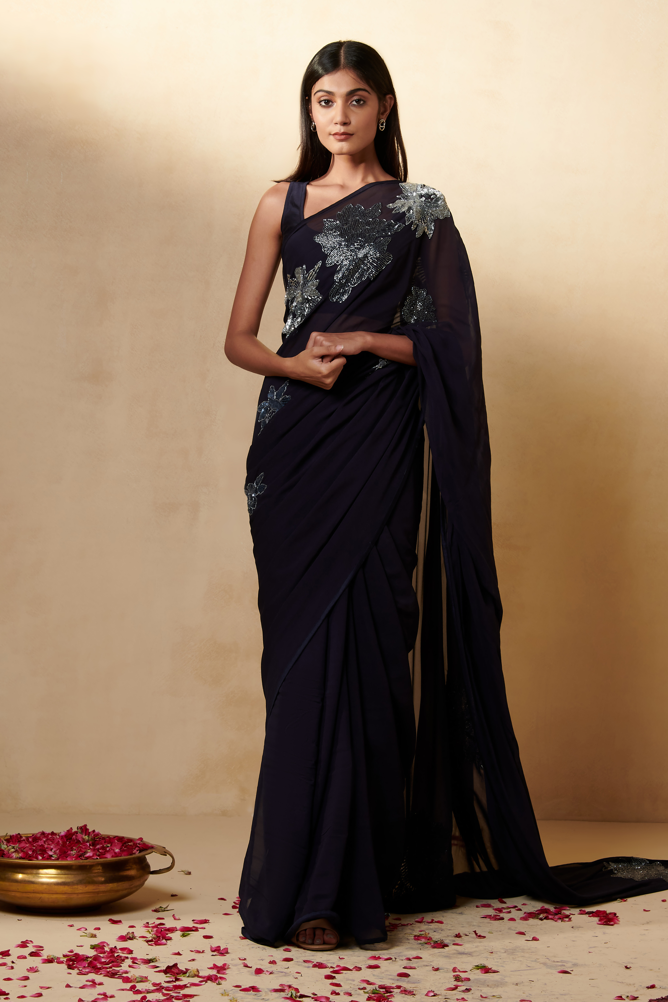 Navy Blue Georgette Saree Set