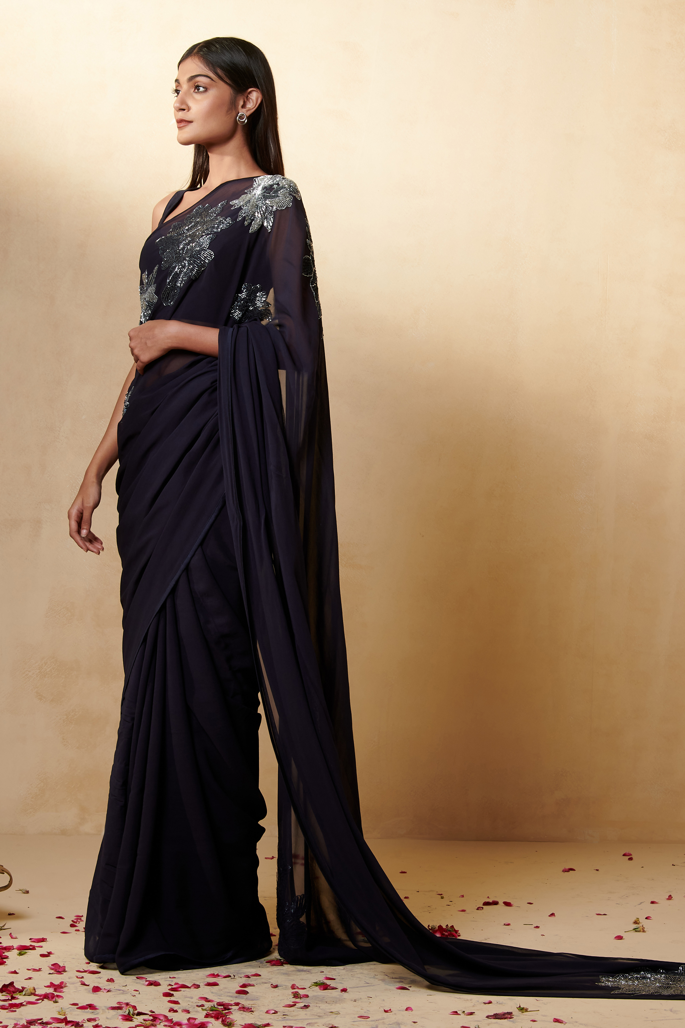 Navy Blue Georgette Saree Set