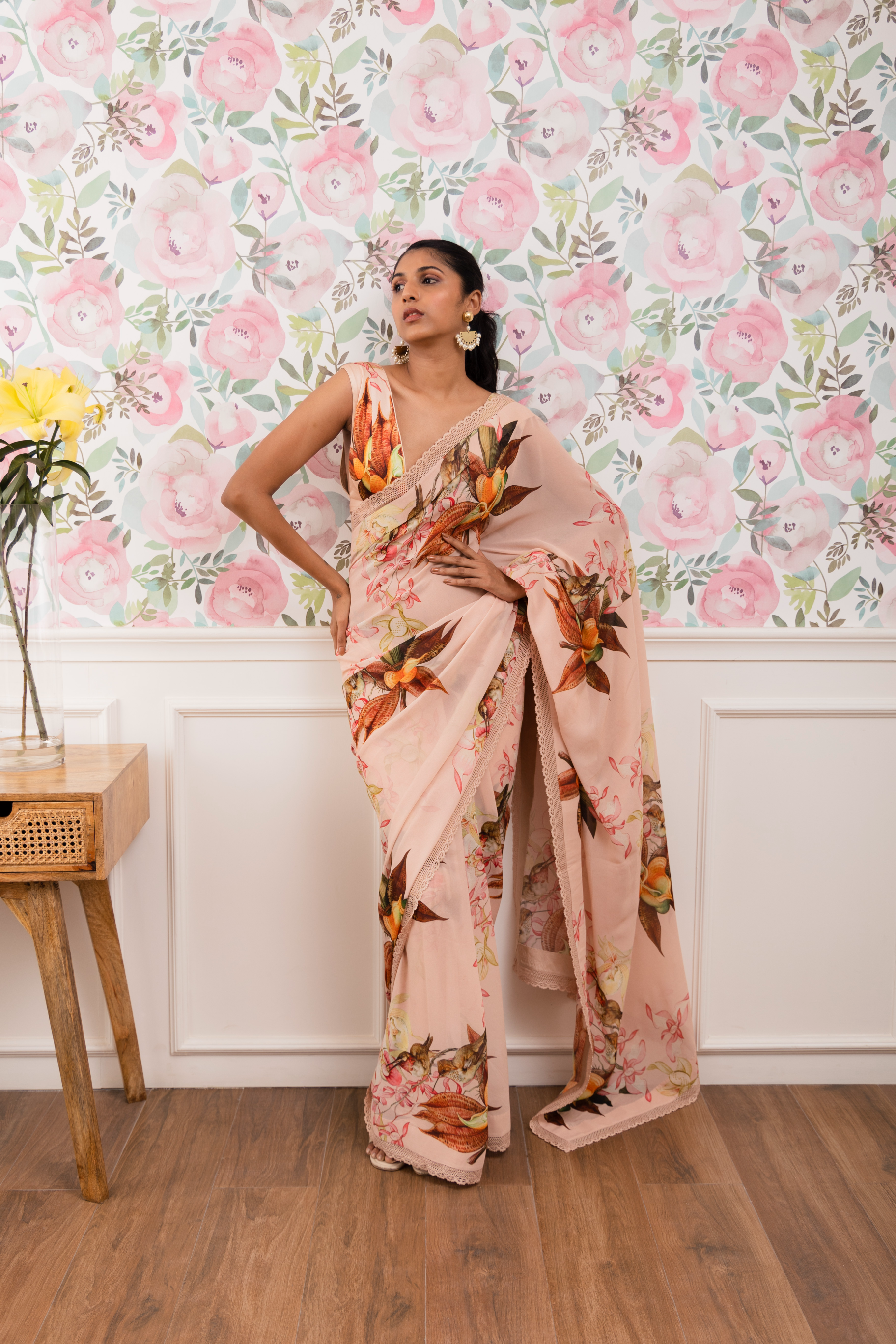 Botanical Printed Saree With Printed Blouse