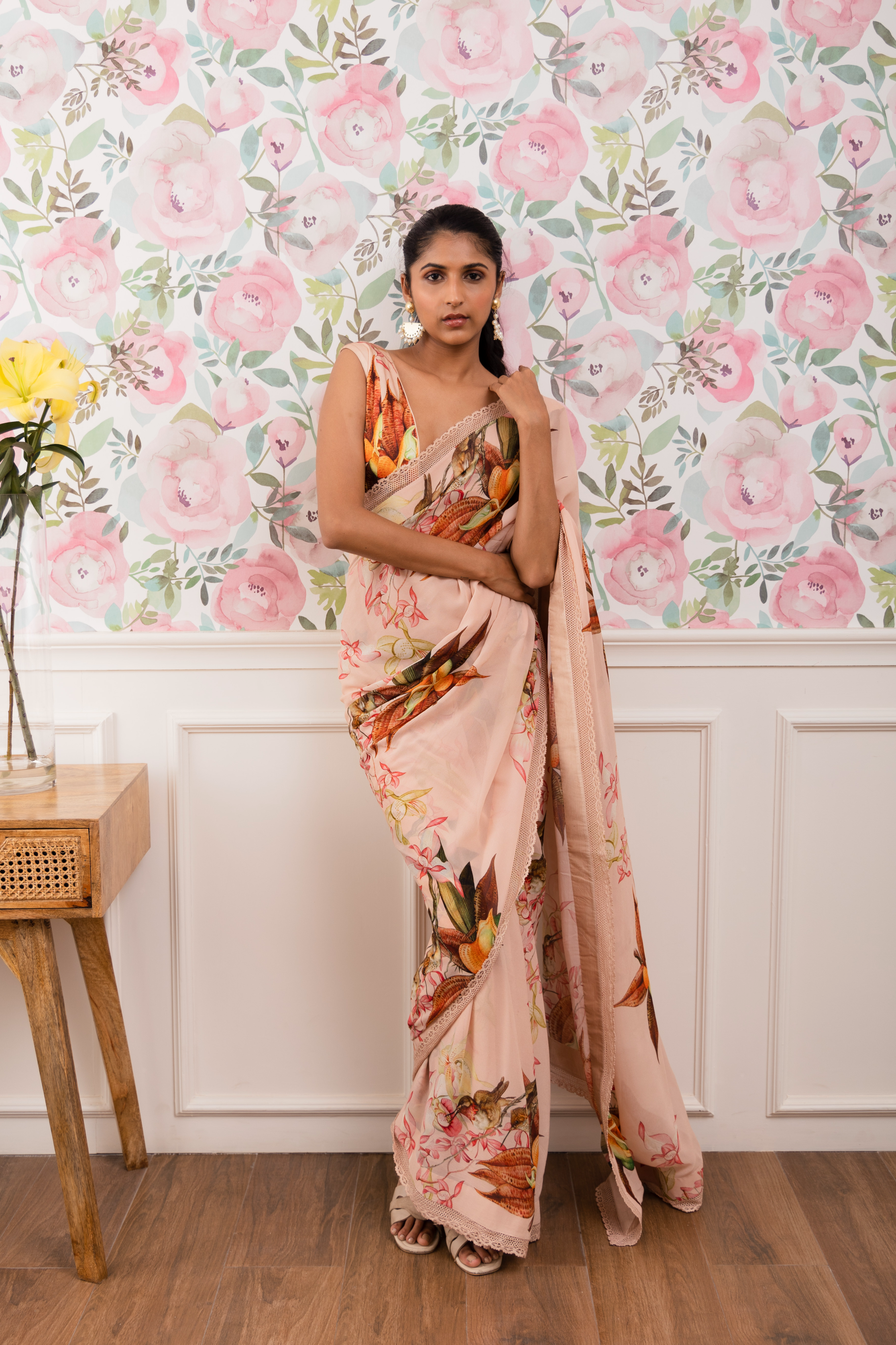 Botanical Printed Saree With Printed Blouse