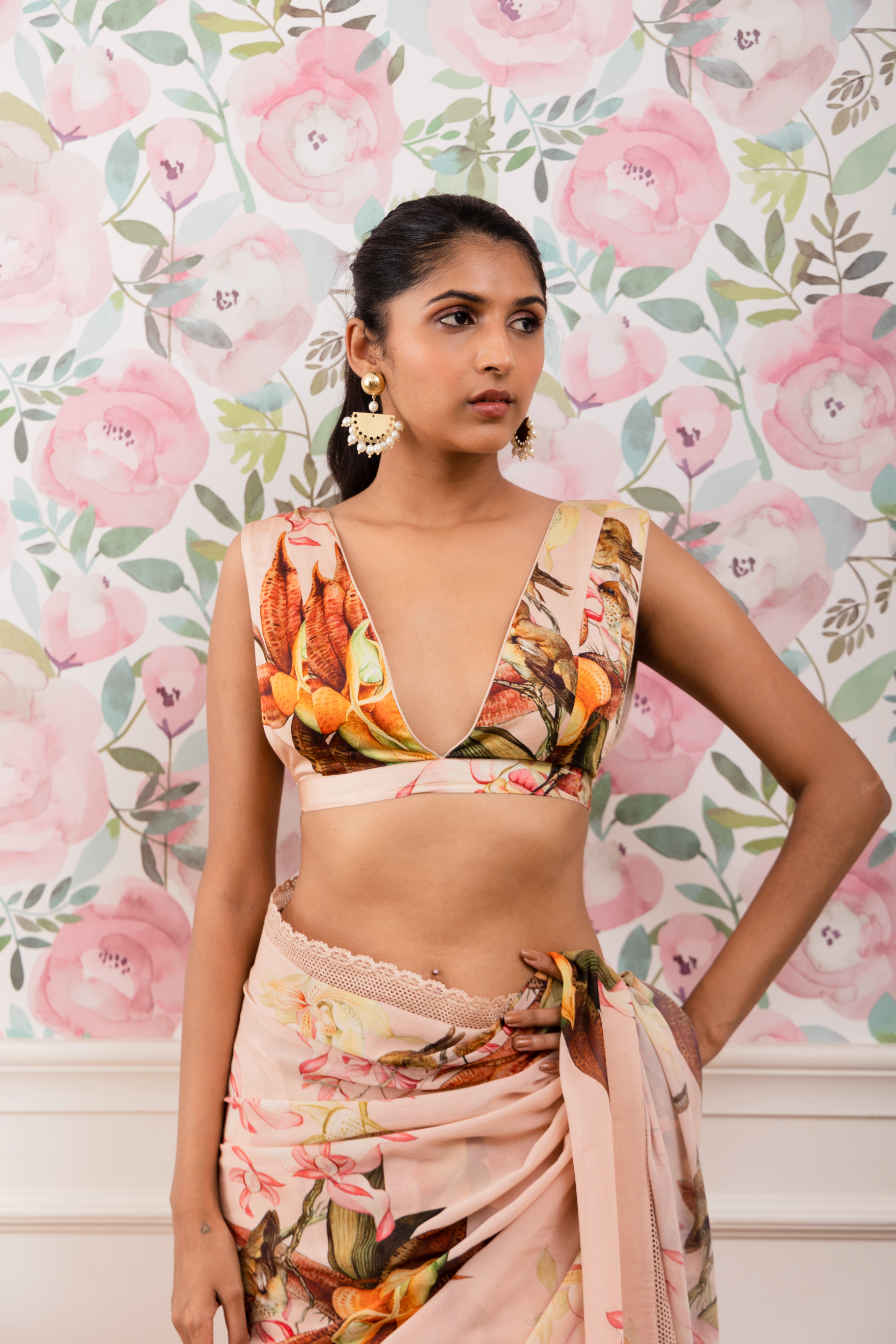 Botanical Printed Saree With Printed Blouse