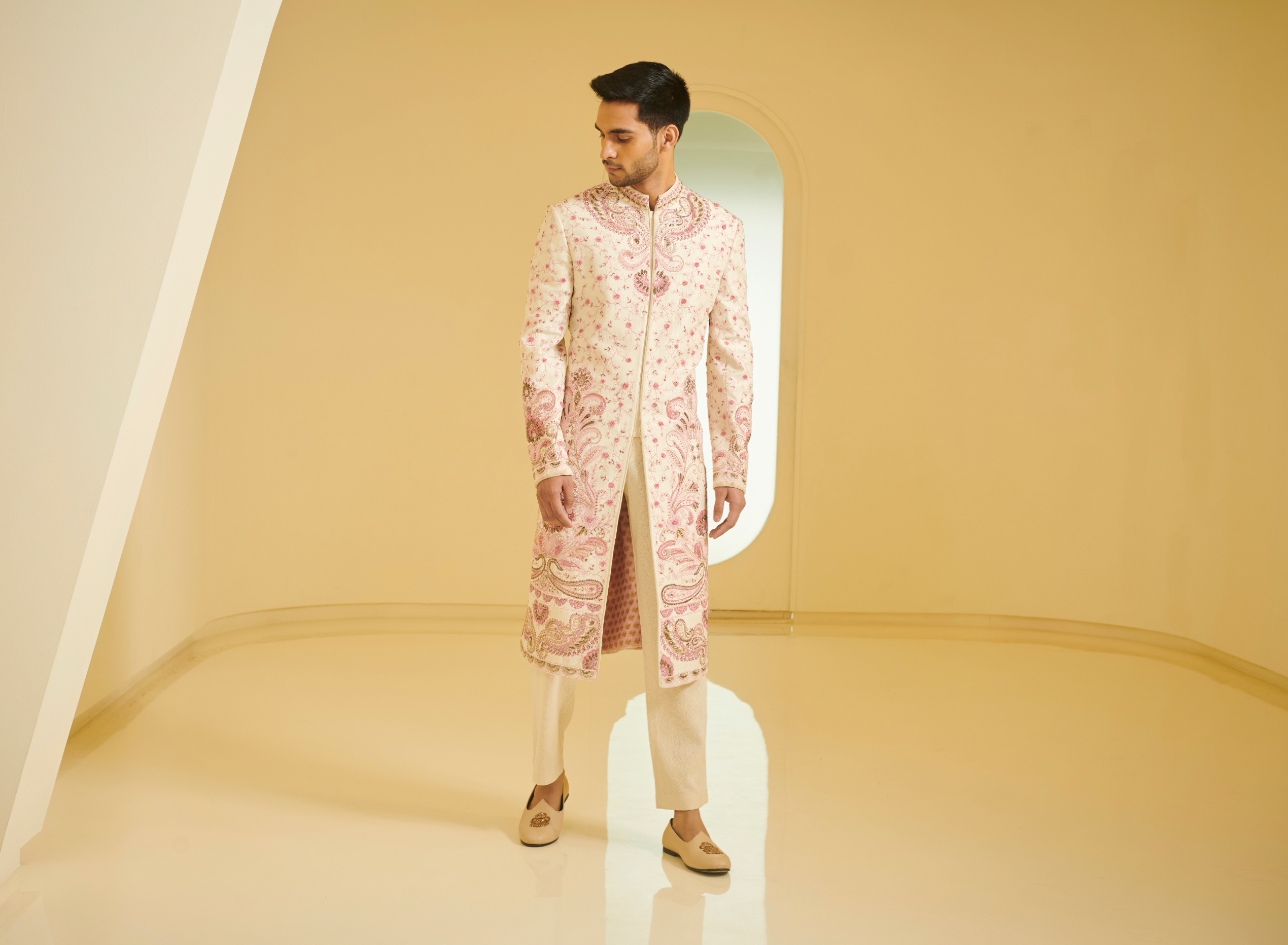 Light Peach Embroidered Sherwani With Kurta And Churidar