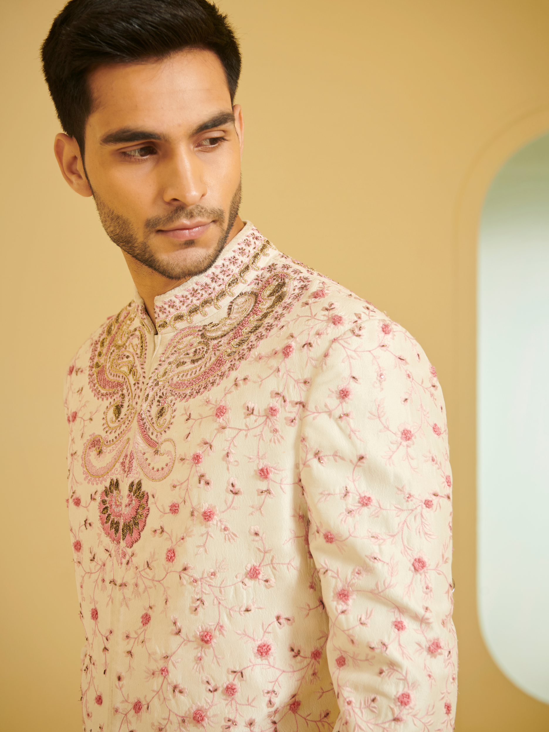 Light Peach Embroidered Sherwani With Kurta And Churidar