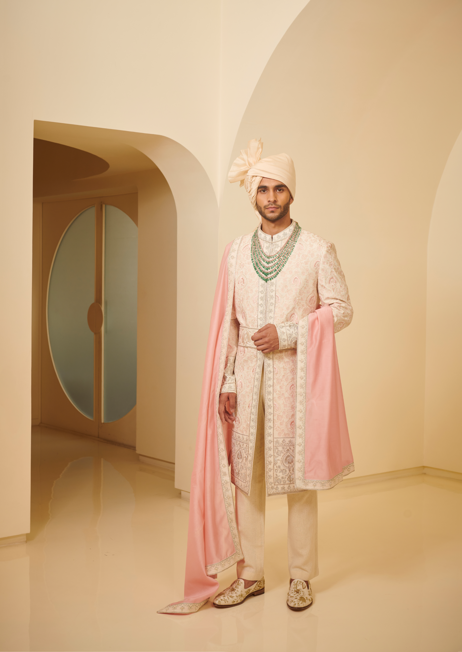 Embroidered Light Pink Sherwani Styled With Embroidered Belt, Kurta And Churidar