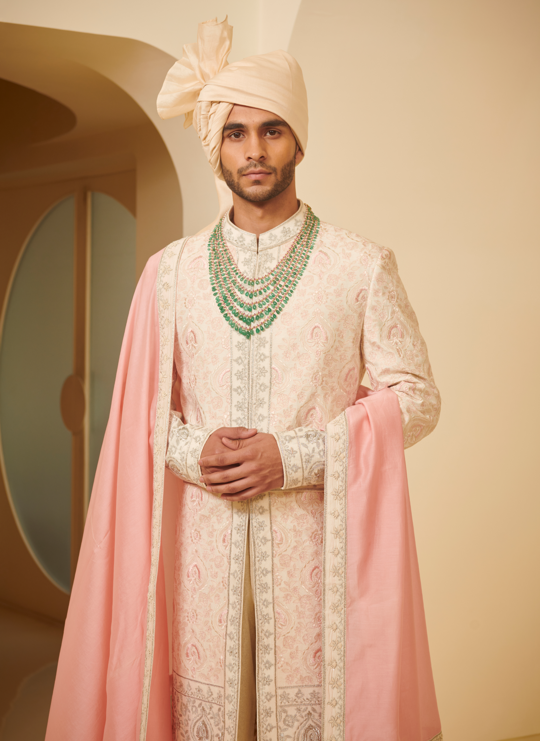 Embroidered Light Pink Sherwani Styled With Embroidered Belt, Kurta And Churidar