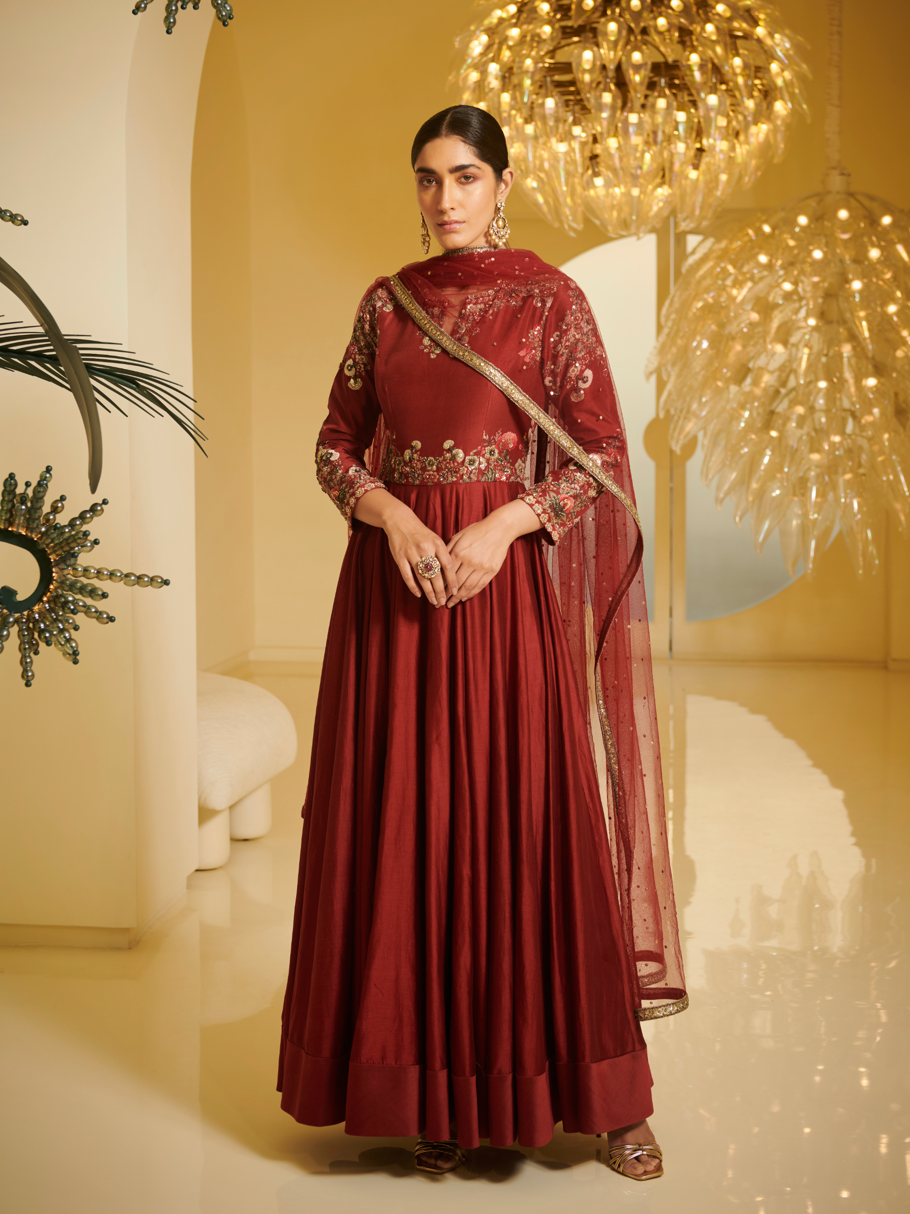 Yoke Embroidered Full Sleeves Kalidar With Dupatta And Churidar