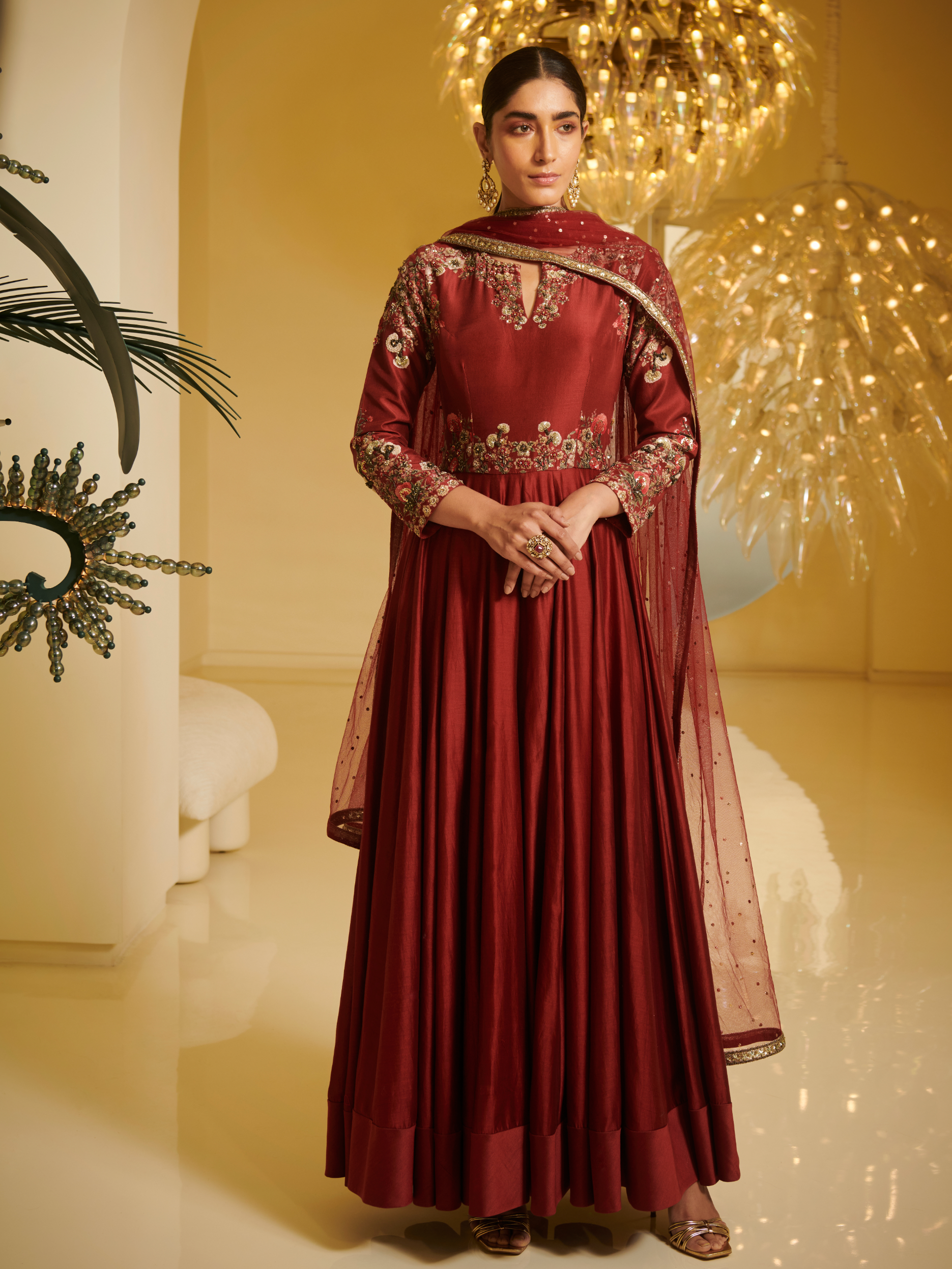 Yoke Embroidered Full Sleeves Kalidar With Dupatta And Churidar