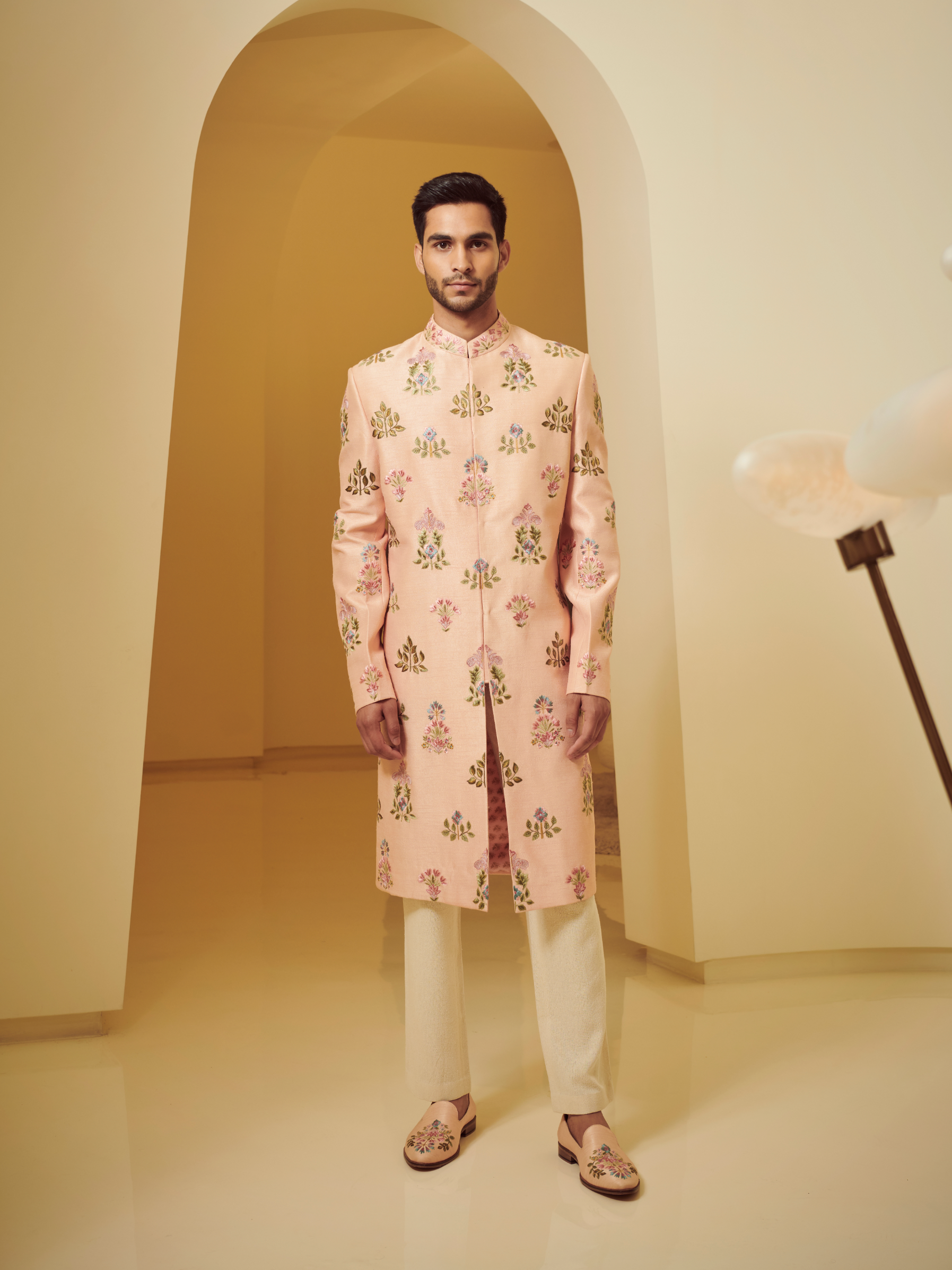 Boota Embroidered Peach Sherwani With Kurta And Churidar