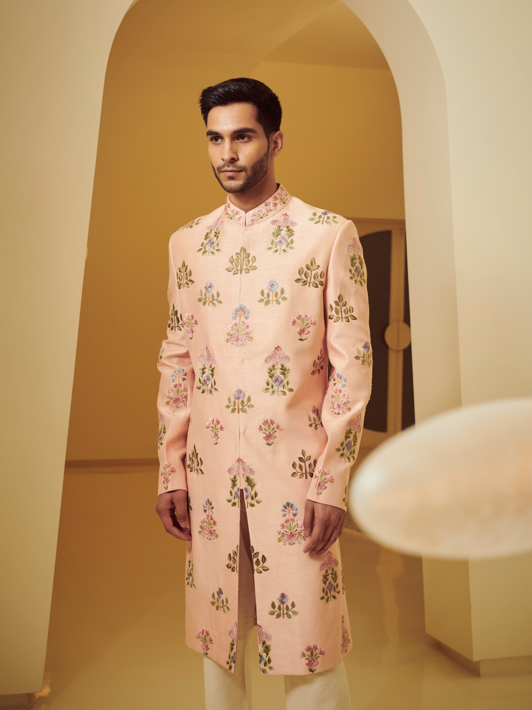 Boota Embroidered Peach Sherwani With Kurta And Churidar