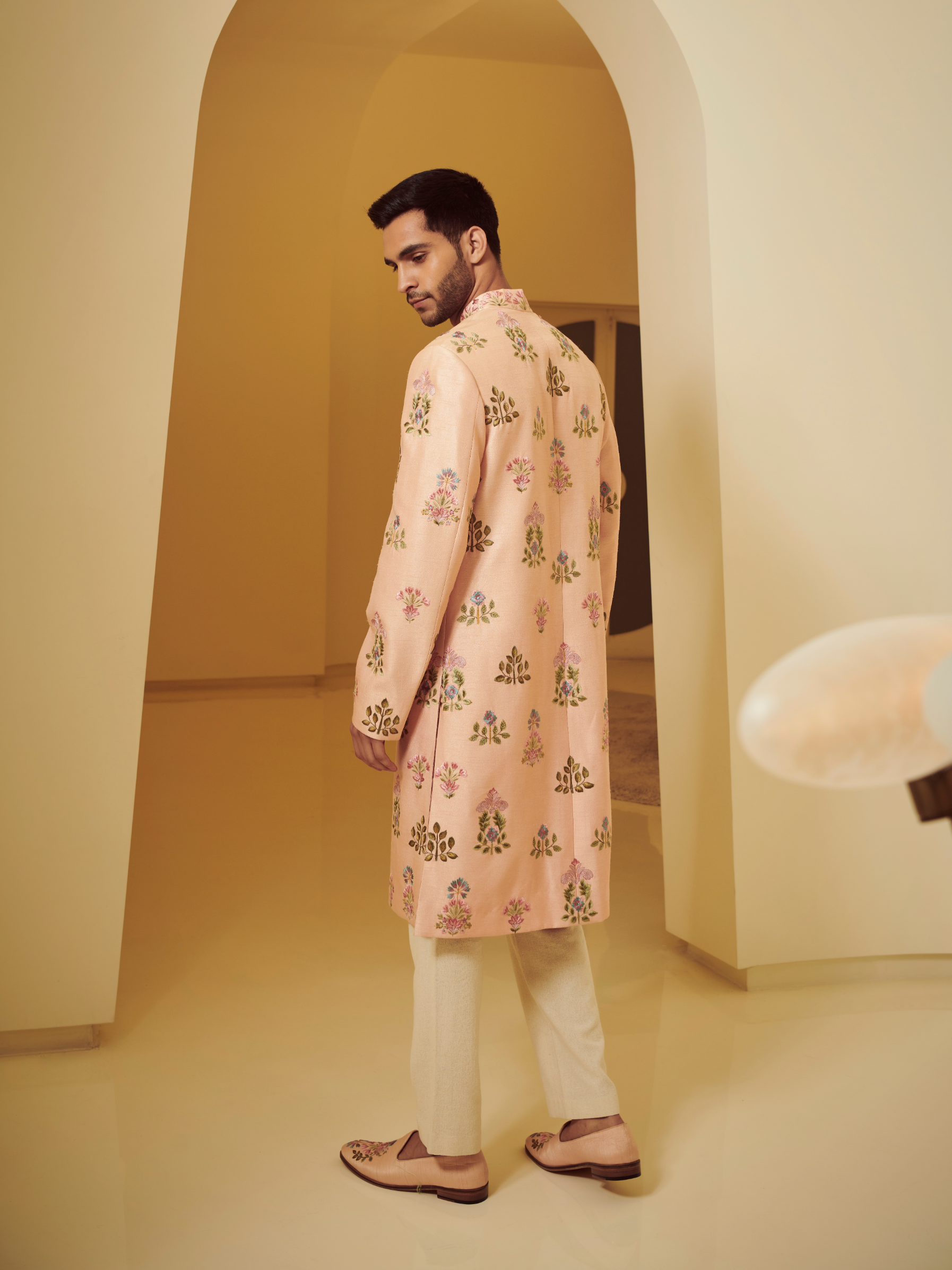 Boota Embroidered Peach Sherwani With Kurta And Churidar