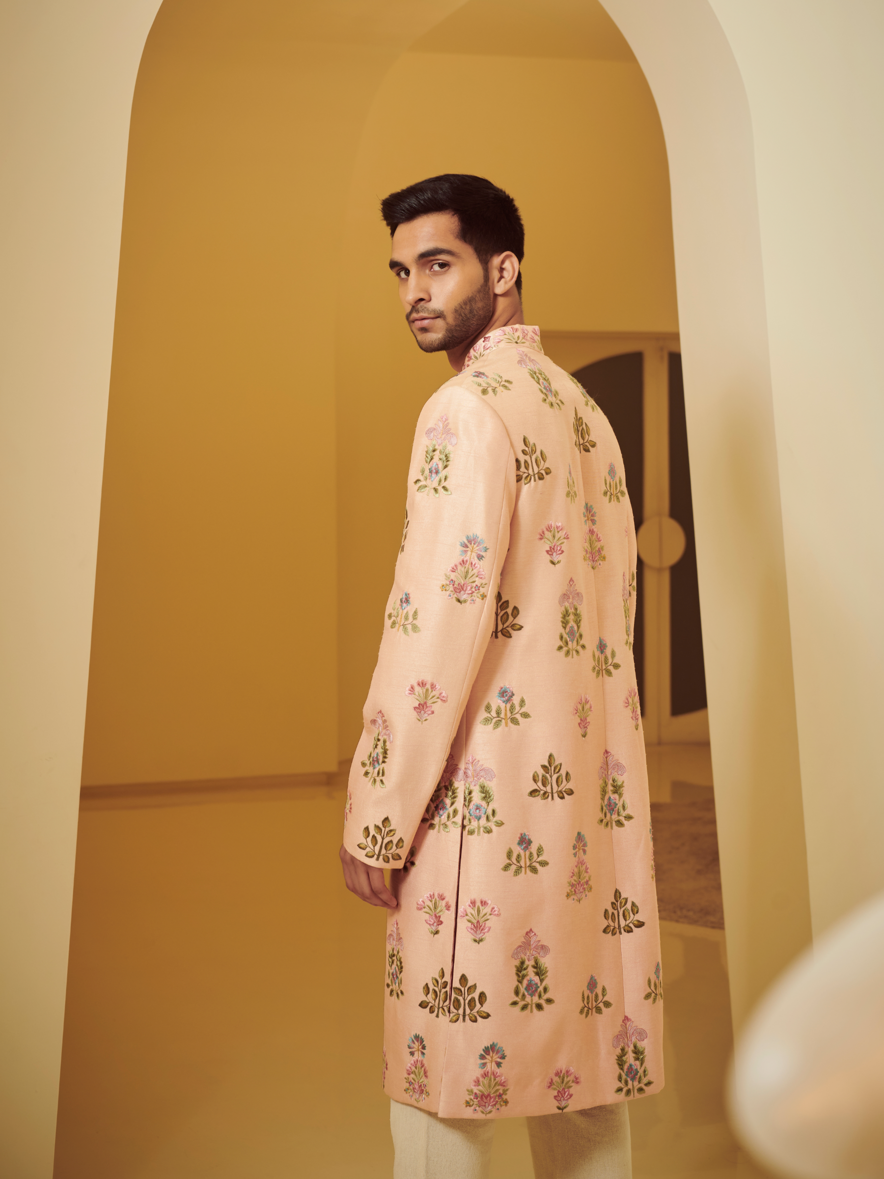 Boota Embroidered Peach Sherwani With Kurta And Churidar