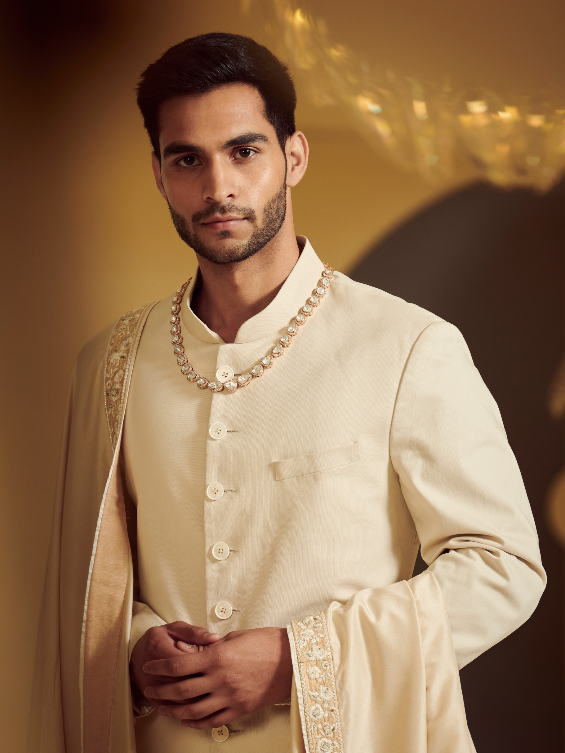 Ivory Sherwani Styled With Embroidered Belt, Kurta And Churidar