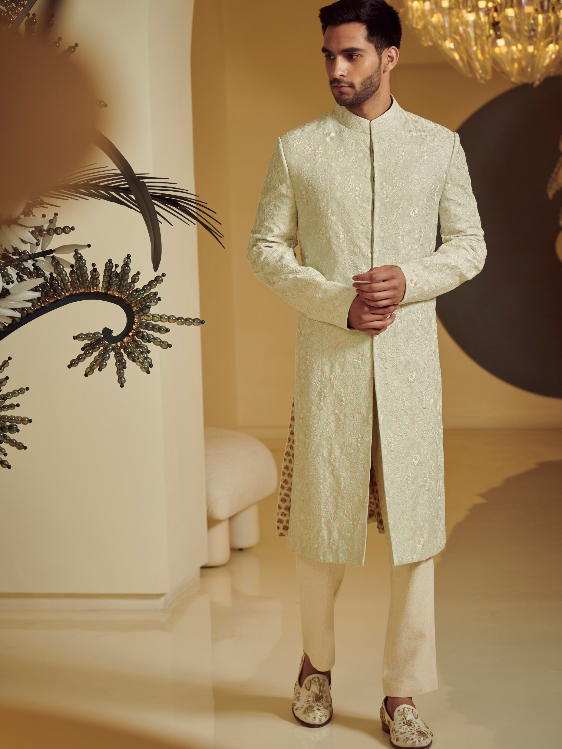 Embroidered Sea Green Sherwani With Kurta And Churidar