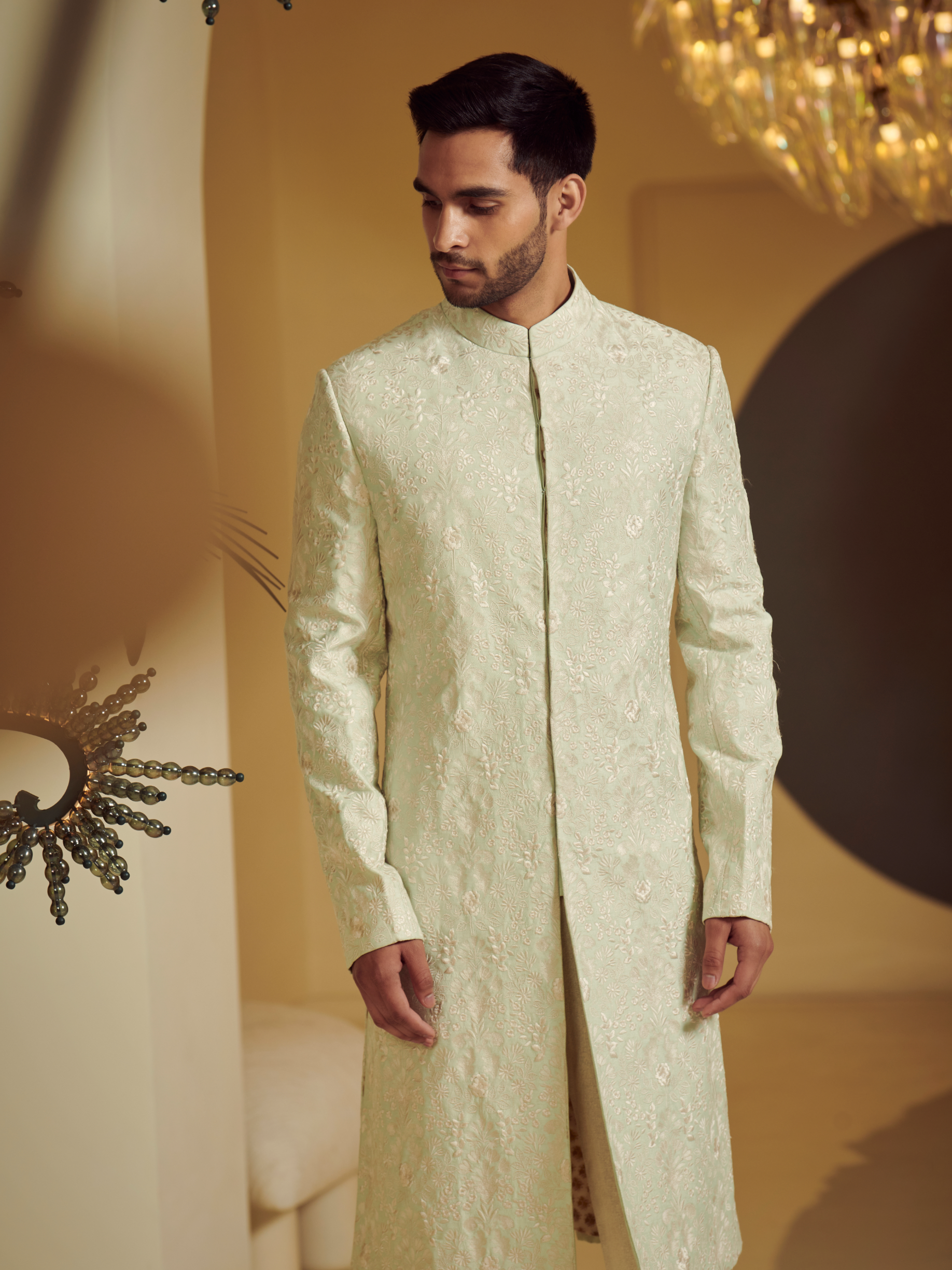 Embroidered Sea Green Sherwani With Kurta And Churidar