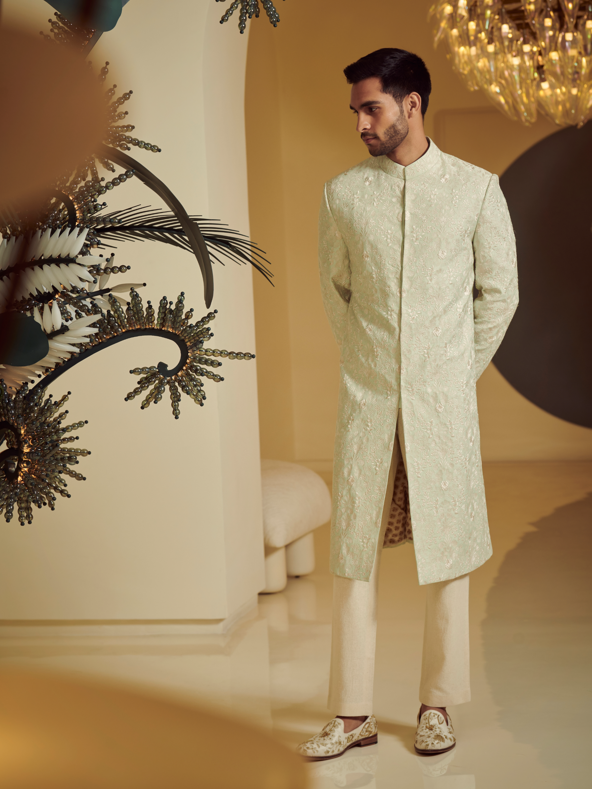 Embroidered Sea Green Sherwani With Kurta And Churidar