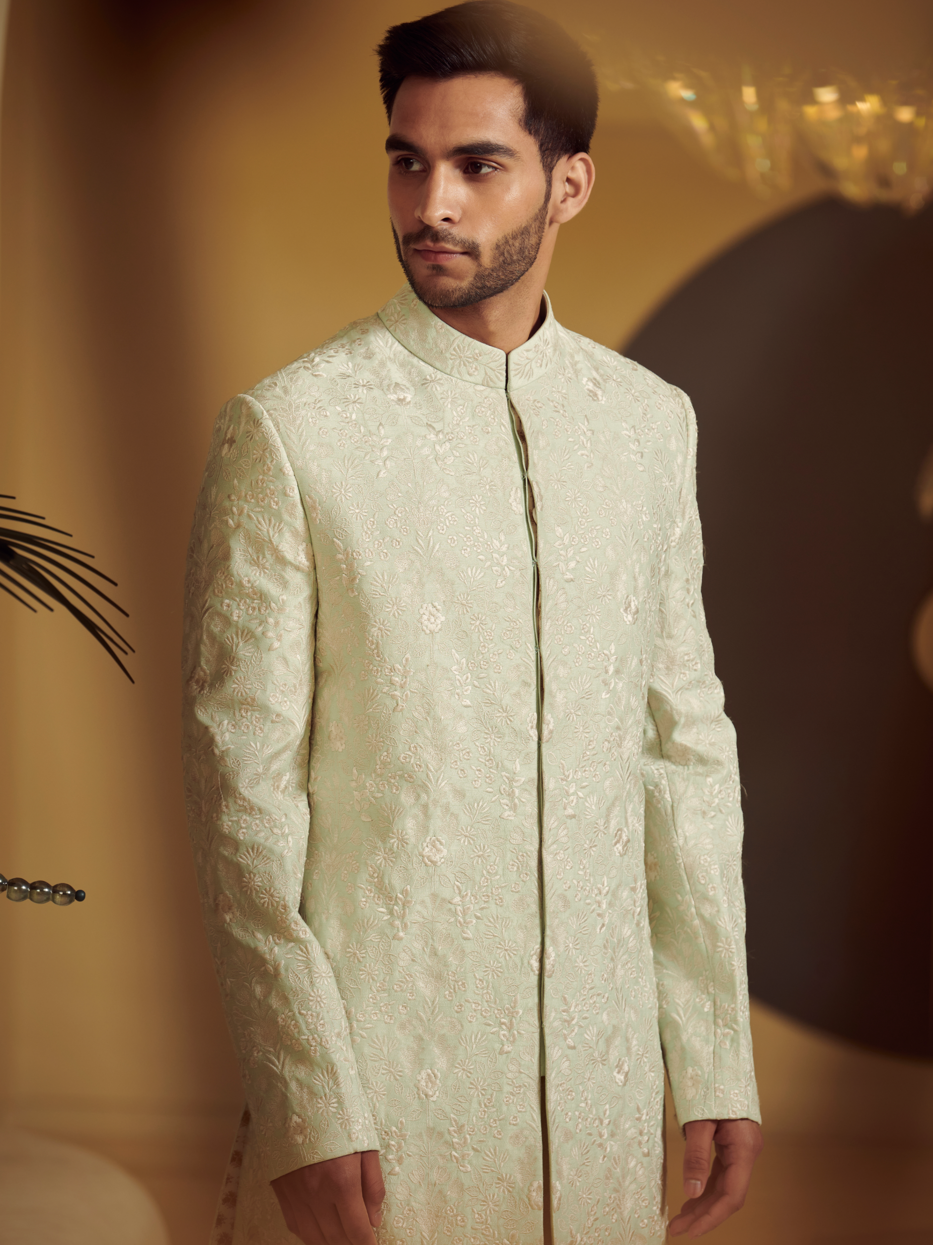 Embroidered Sea Green Sherwani With Kurta And Churidar