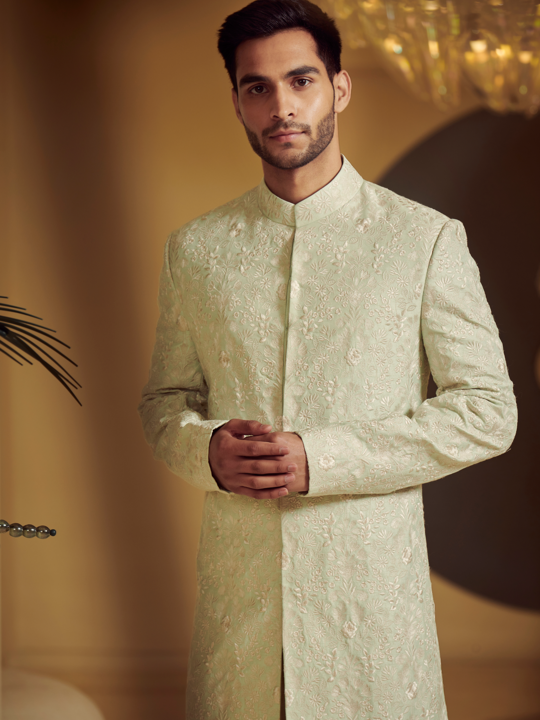 Embroidered Sea Green Sherwani With Kurta And Churidar