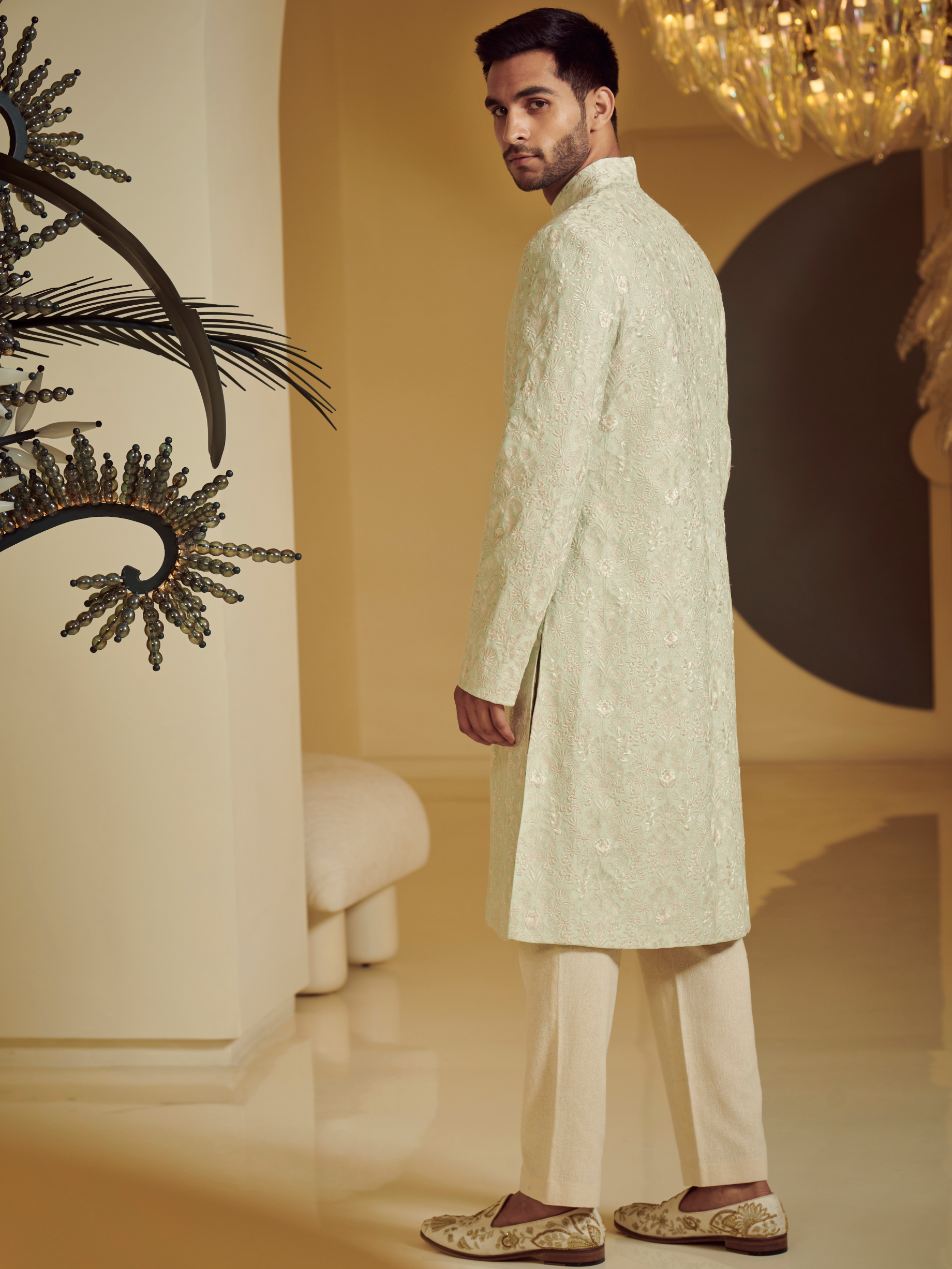 Embroidered Sea Green Sherwani With Kurta And Churidar