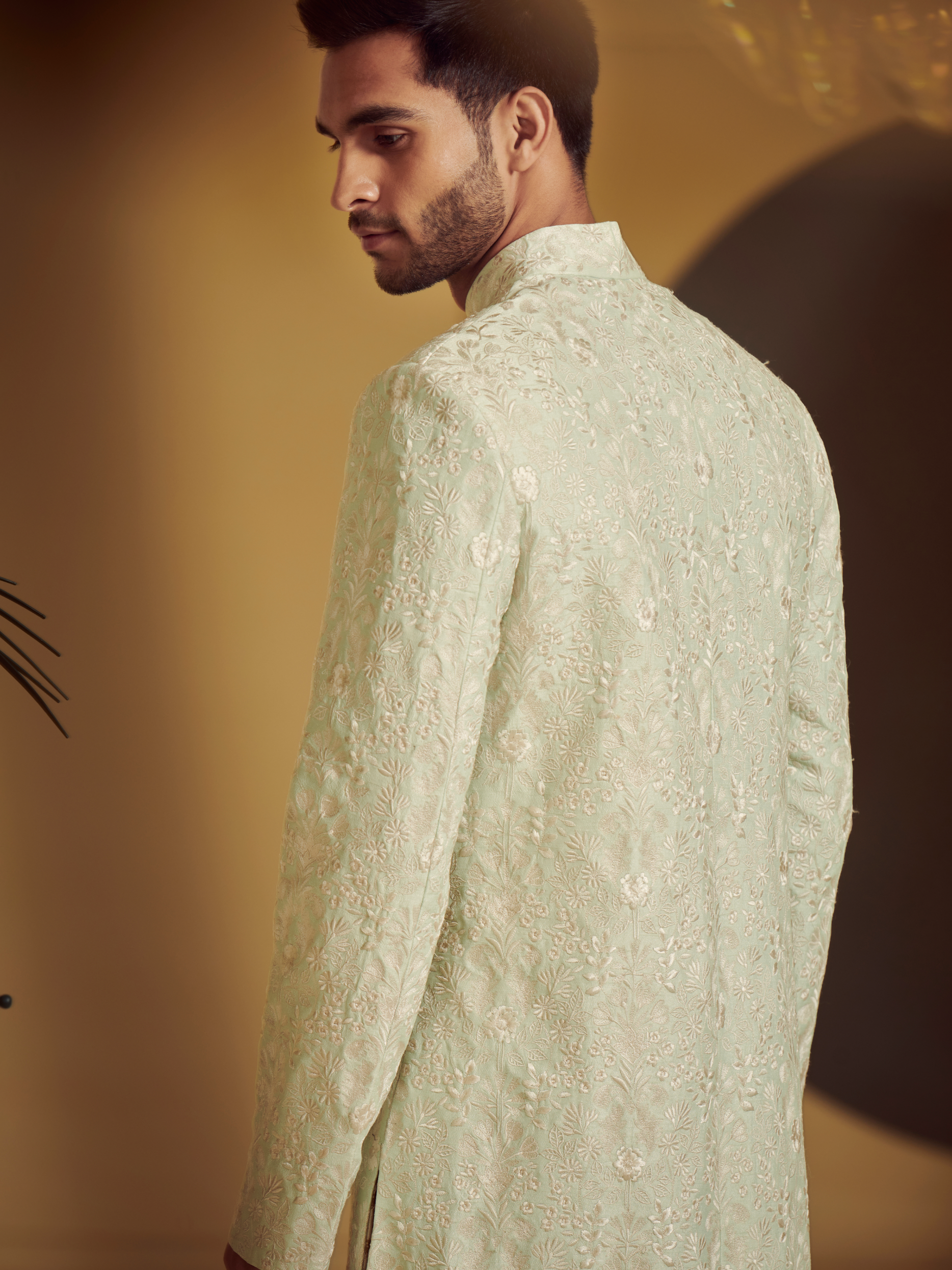 Embroidered Sea Green Sherwani With Kurta And Churidar