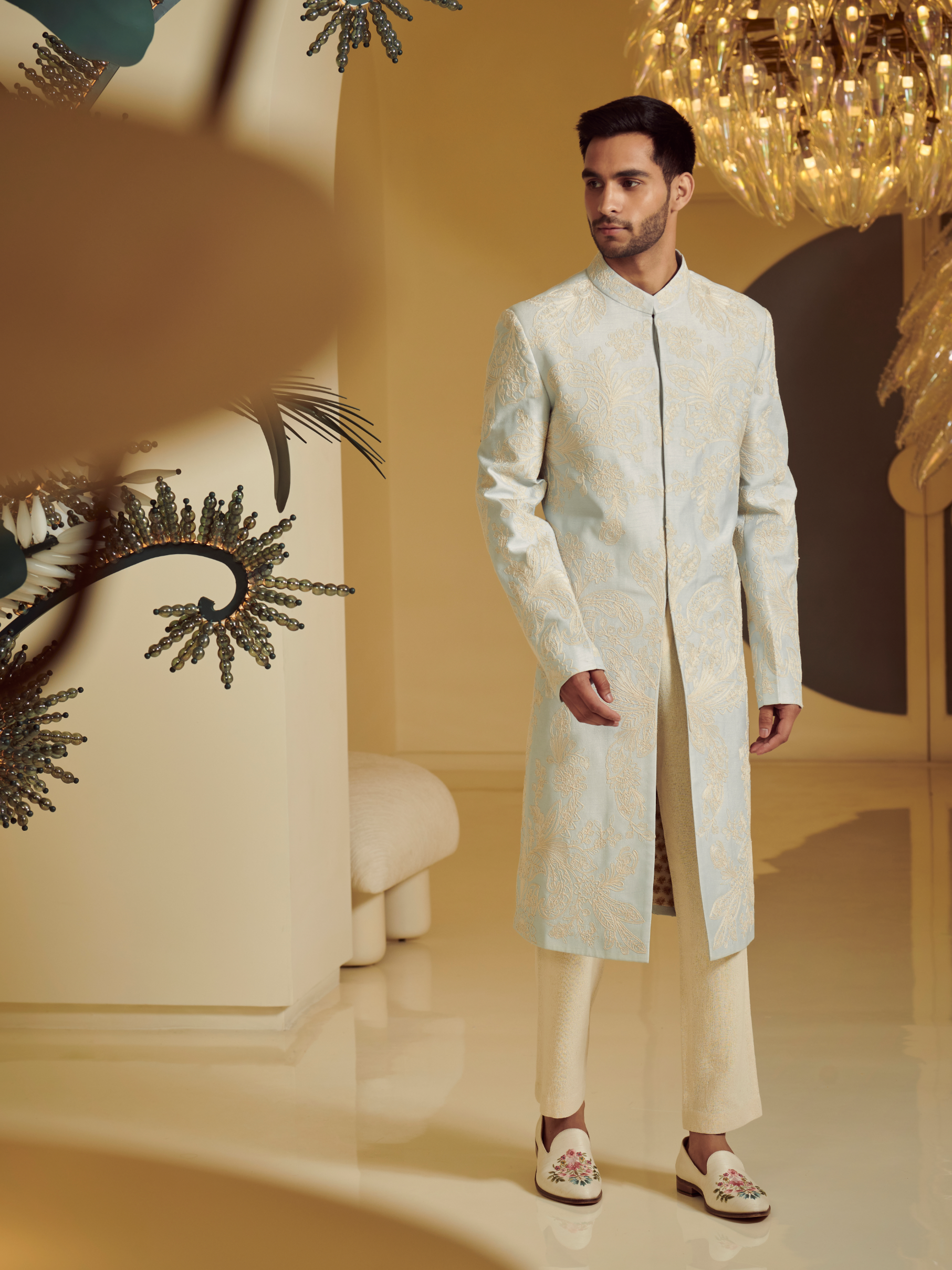 Embroidered Ice Blue Sherwani With Kurta And Churidar